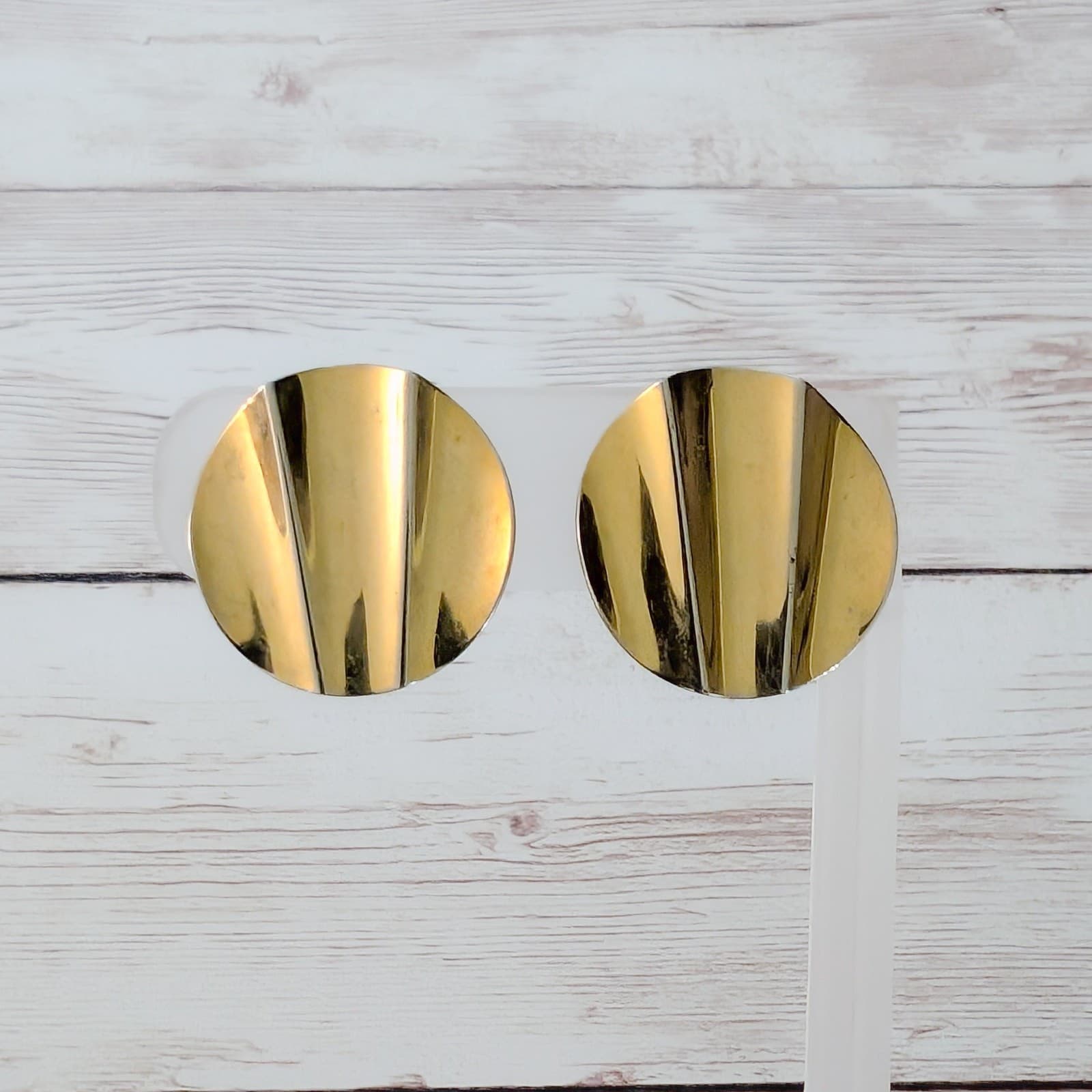 Vintage Clip On Earrings - Gold Tone Wavy Circle 1"