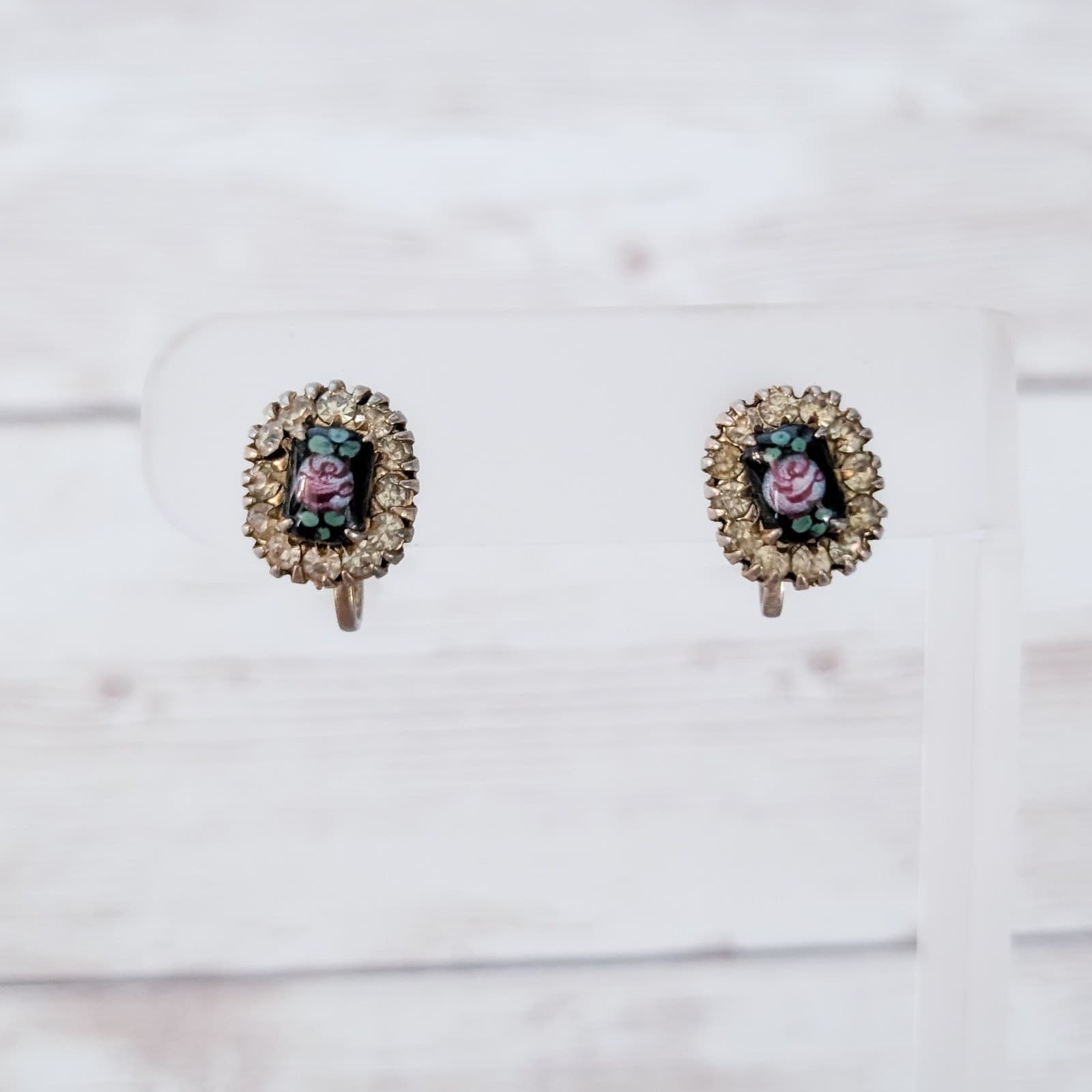 Vintage Screw On Earrings - Clear Gems with Enamel Flower Center 0.5"