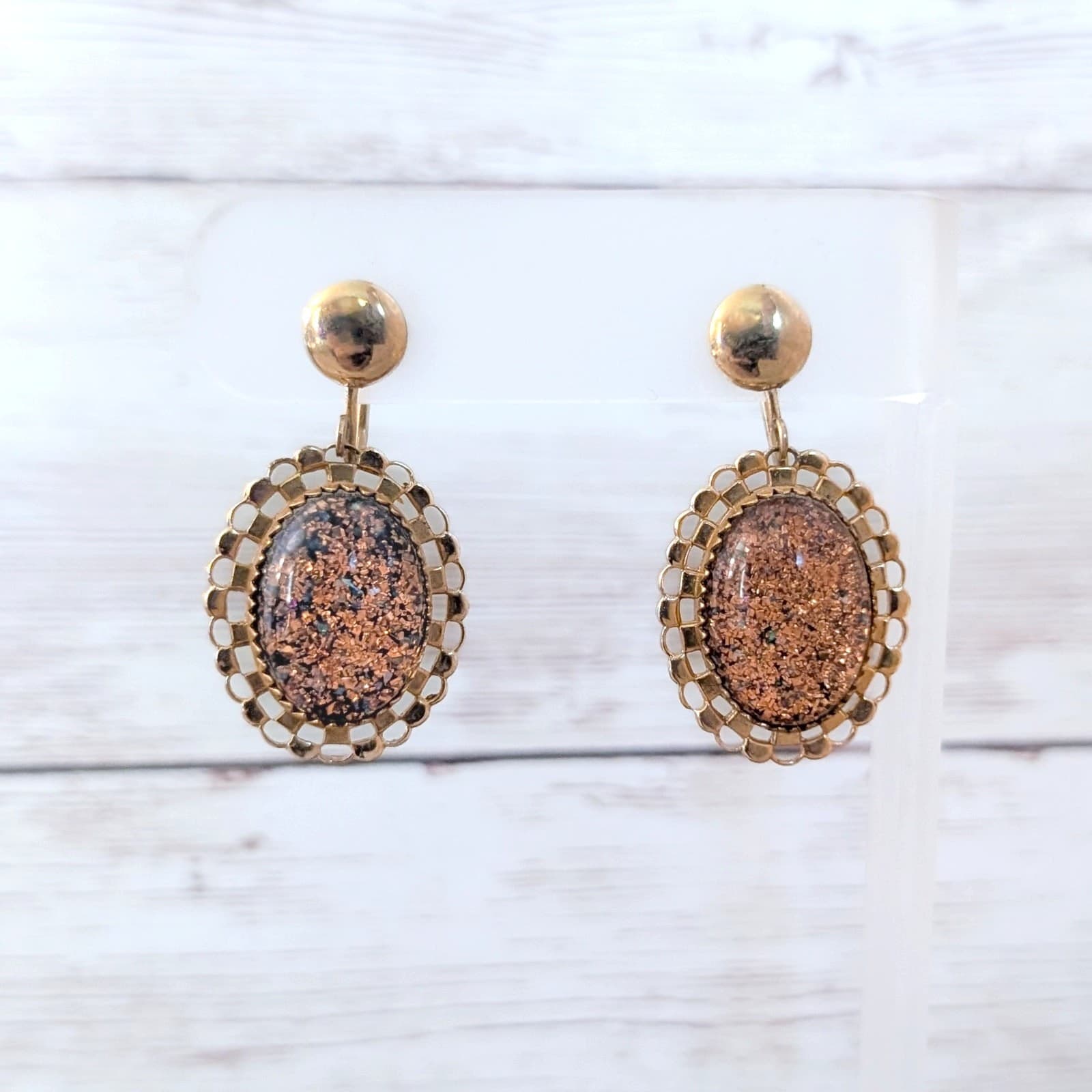 Vintage Screw On Earrings Large Orange Glitter with Fancy Gold Tone Halo
