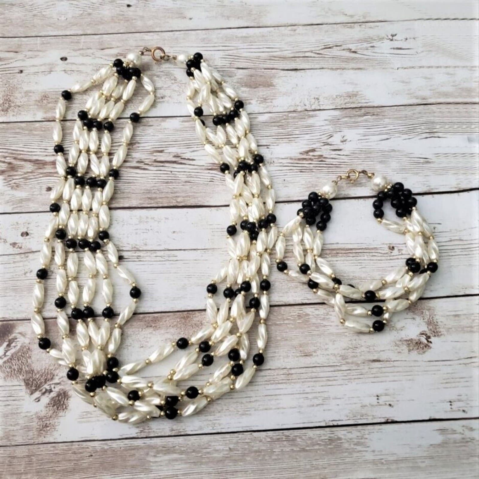 Vintage Necklace & Bracelet Set Cream, Gold Tone, & Black