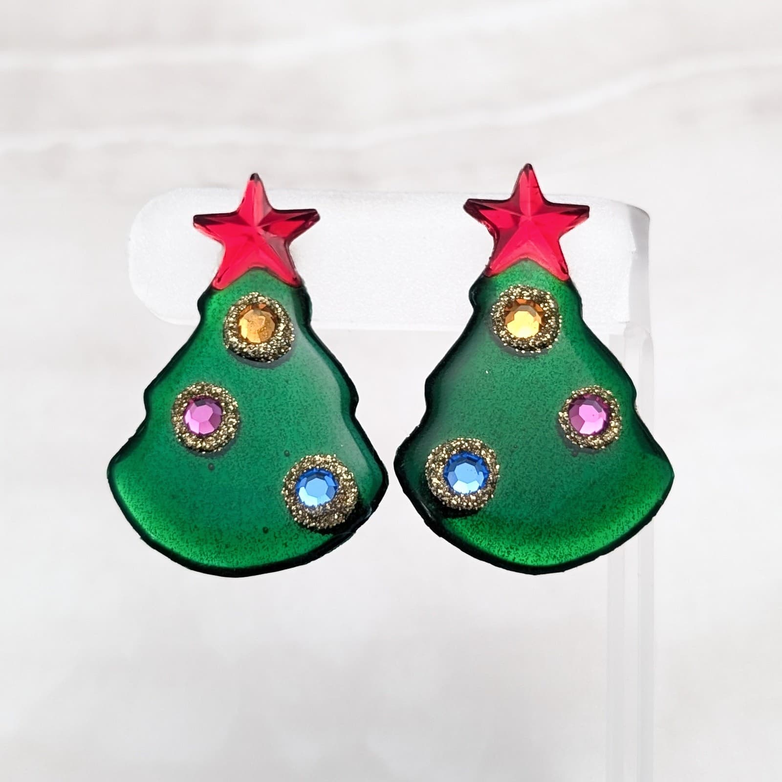 Vintage Clip On Earrings Christmas Tree Holiday Earrings Large Statement