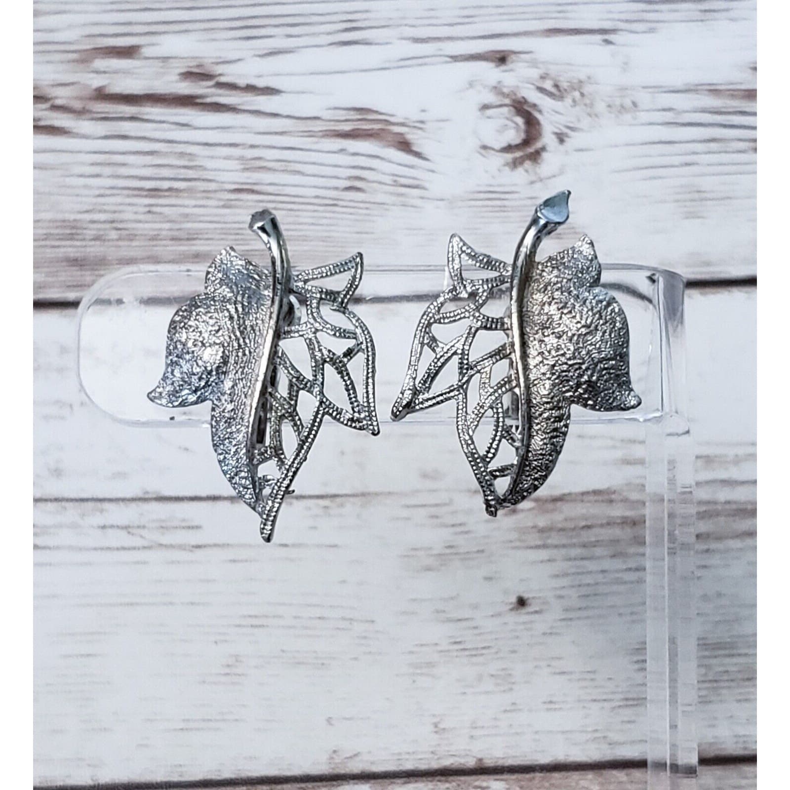 Vintage Clip On Earrings Silver Tone Ornate Flower 1.25"