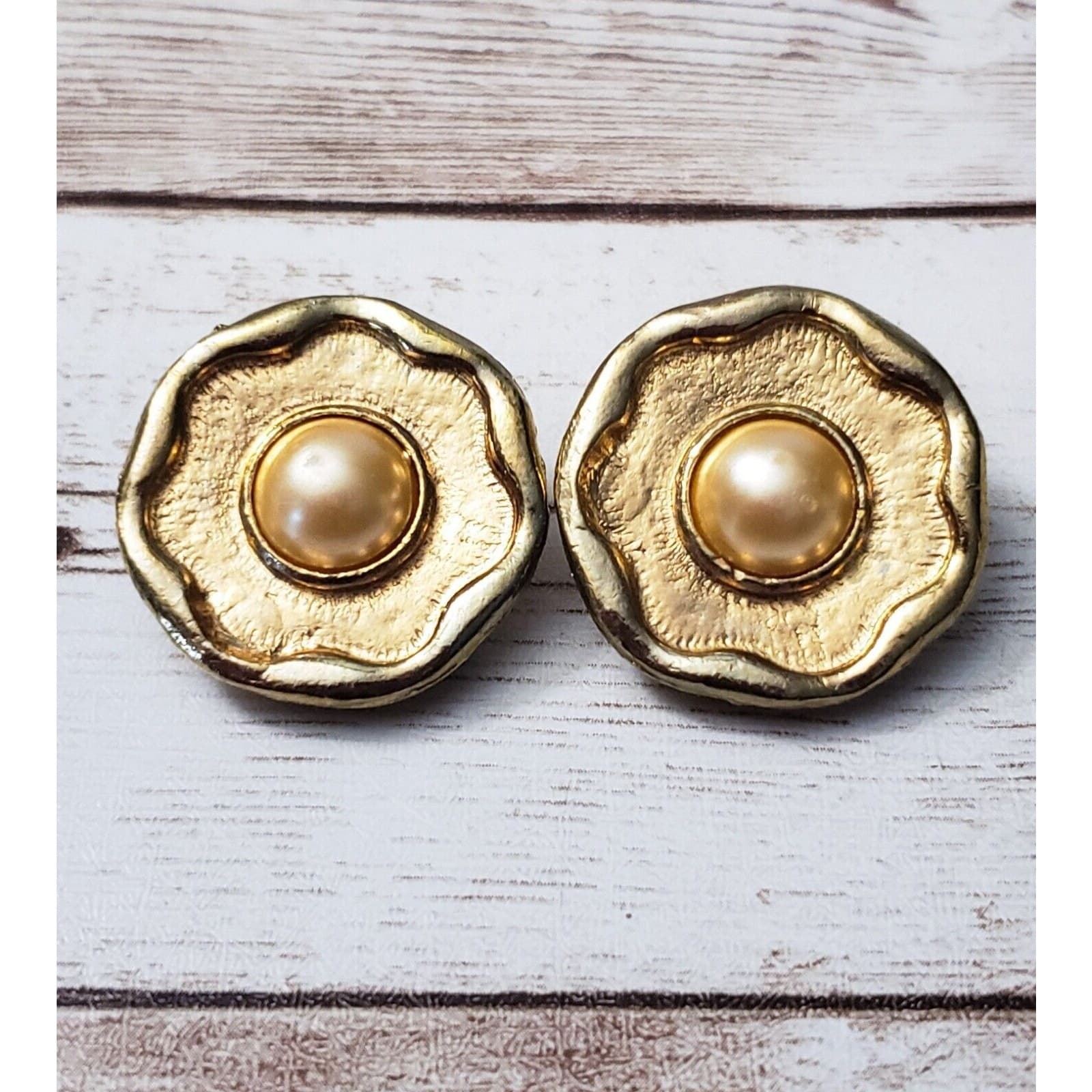 Vintage Clip On Earrings - Wavy Gold Tone Circle with Faux Pearl Center