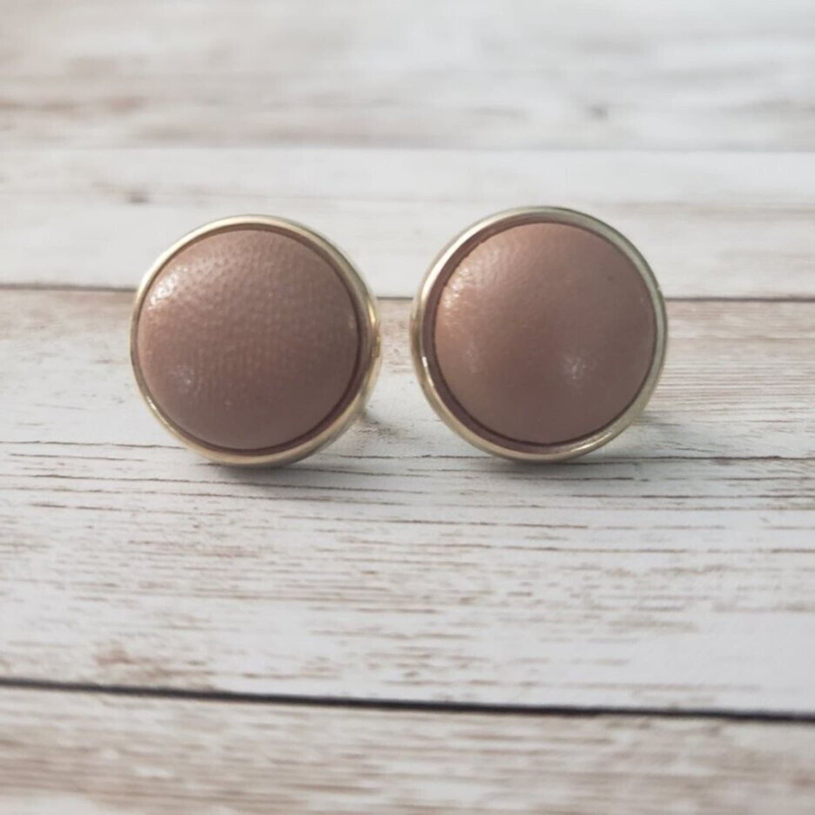 Vintage Screw On Earrings - Tan Leather? With Gold Tone Halo