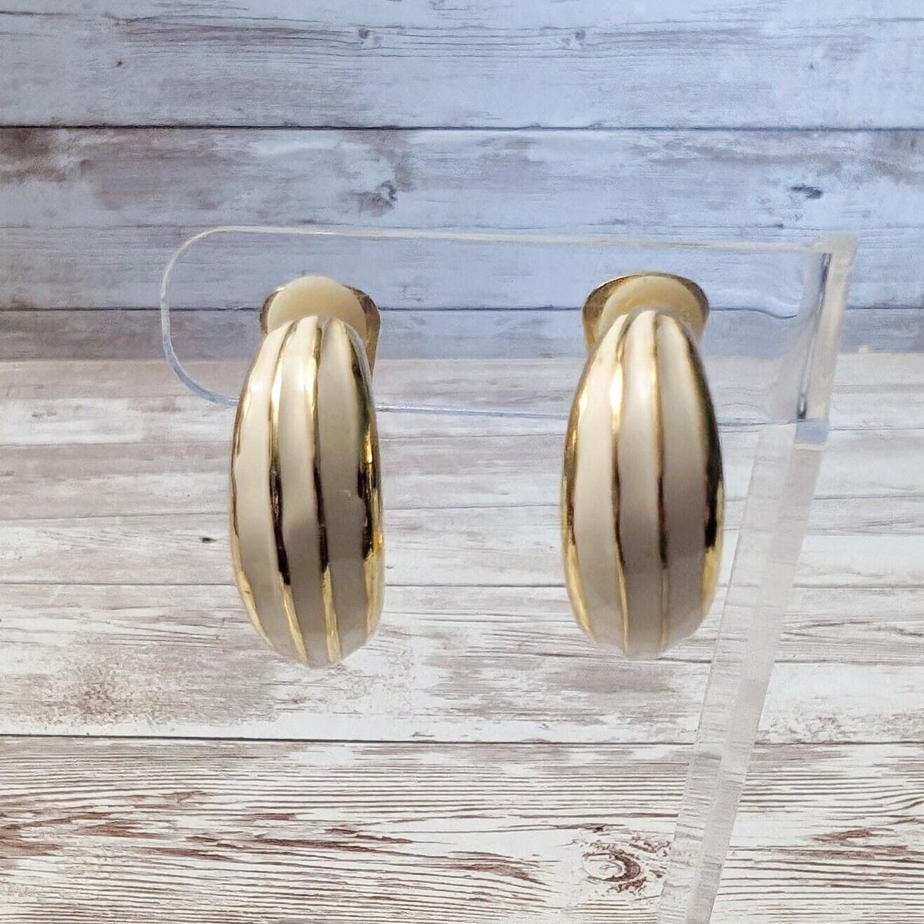Vintage Clip On Earrings - Chunky Statement Cream Enamel & Gold Tone Large Hoops