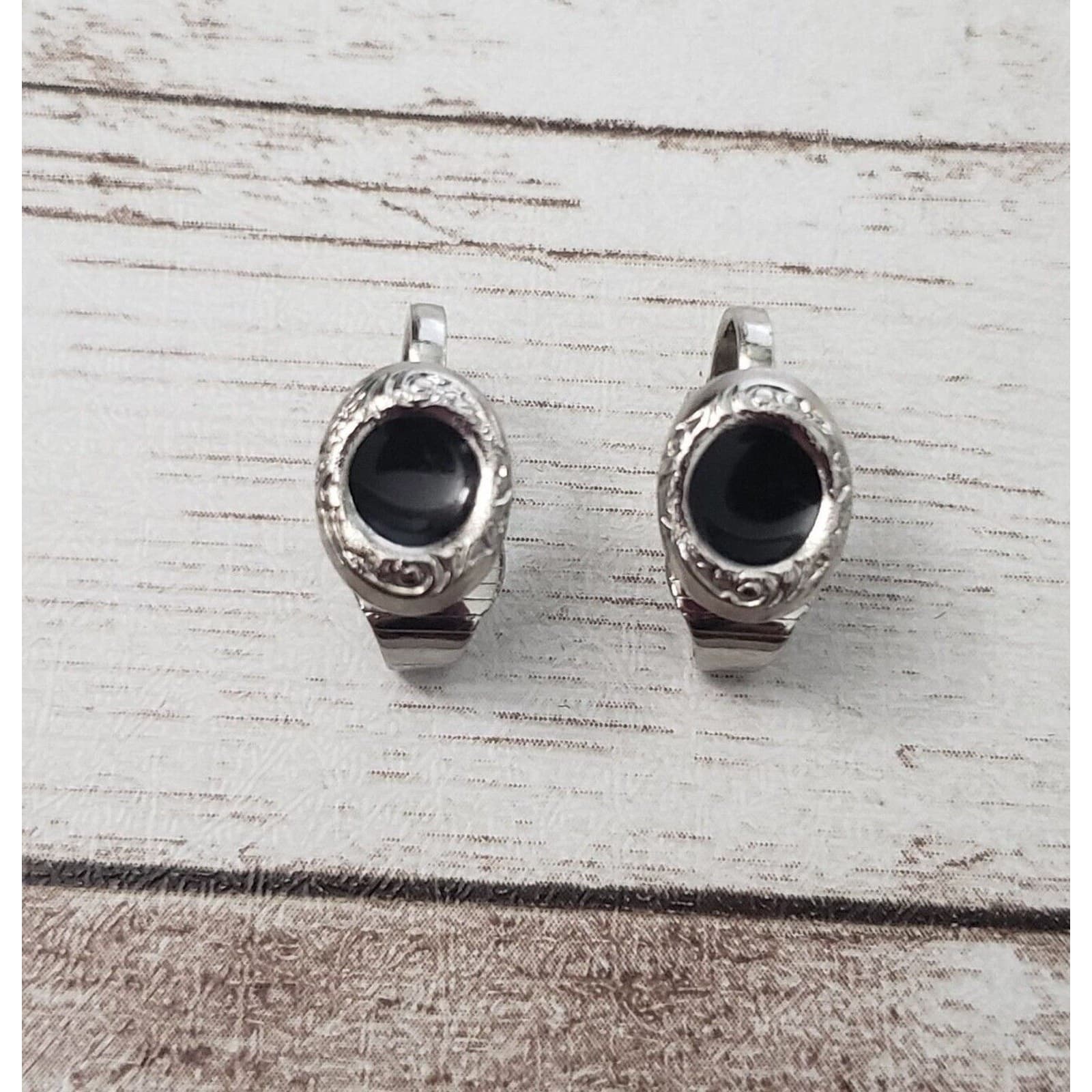 Vintage Clip On Earrings Dainty Black Enamel with Ornate Silver Tone Halo 3/8"