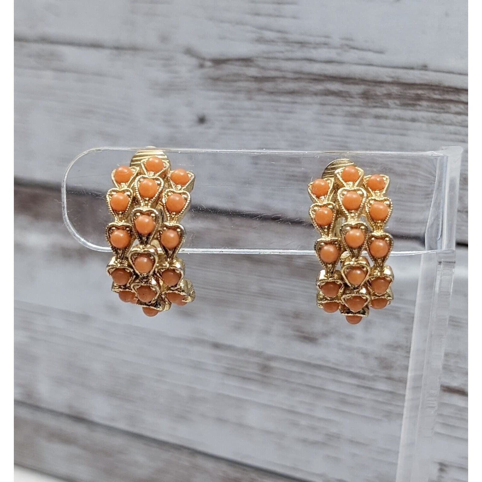 Vintage Clip On Earrings - Unusual Orange Half Hoops Statement Just Under 1"