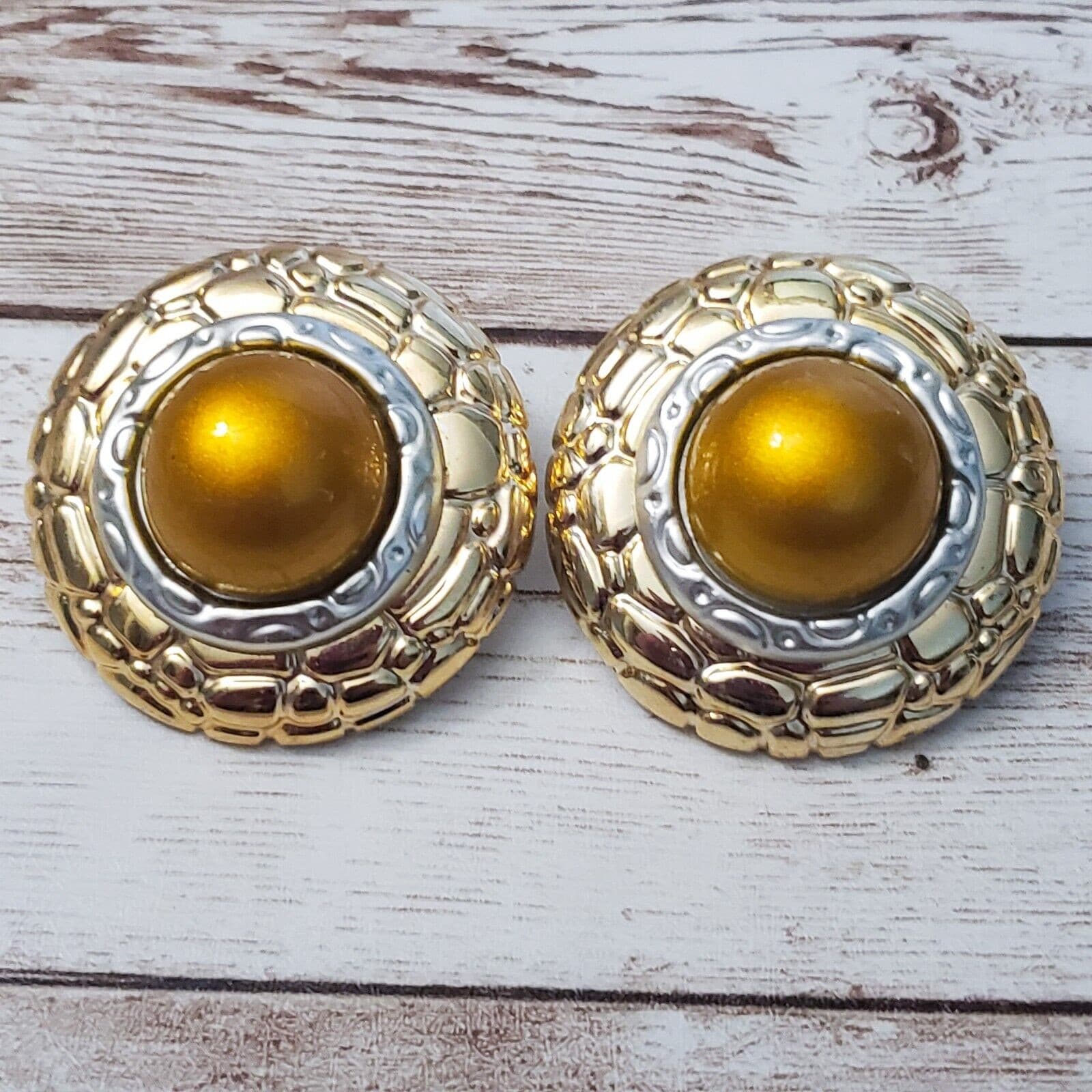 Vintage Clip On Earrings Golden Yellow, Silver Tone & Gold Tone Large Statement