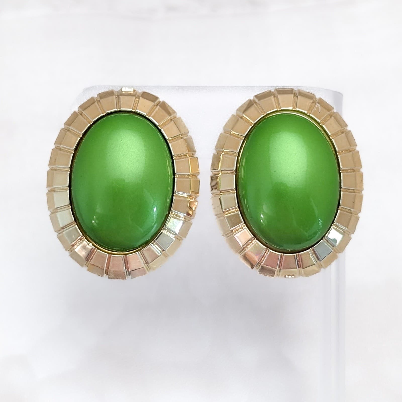 Vintage Clip On Earrings Extra Large 1 & 5/8" Green & Gold Tone Statement Chunky