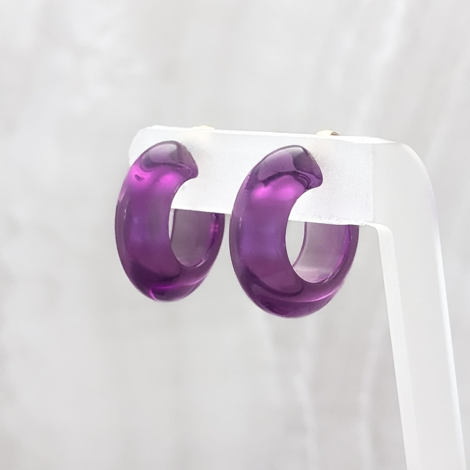 Vintage Clip On Earrings Transparent Purple Large Chunky Hoops 1.25" Retro