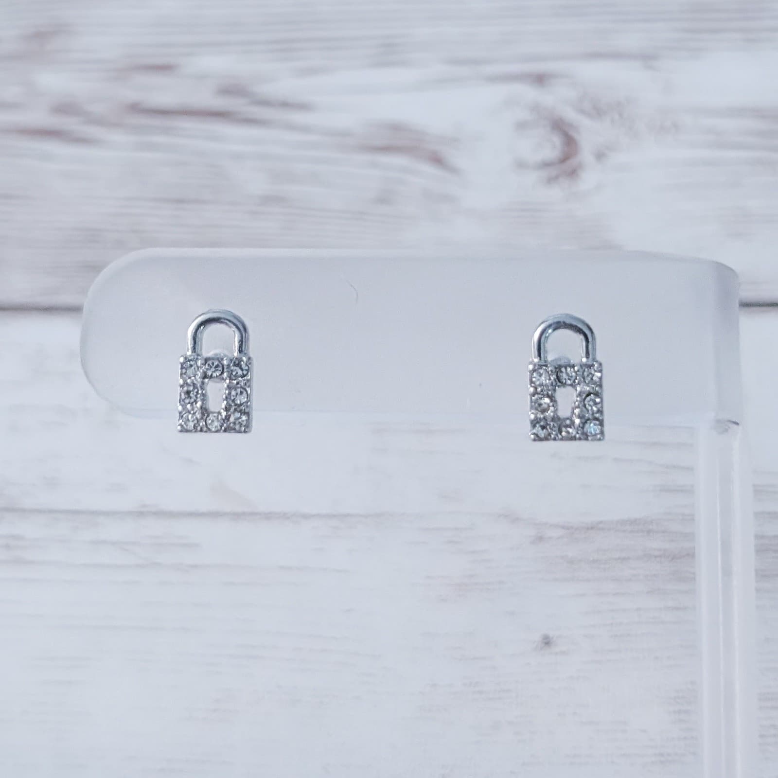 Stud Earrings - Silver Tone Padlock with Clear Gems