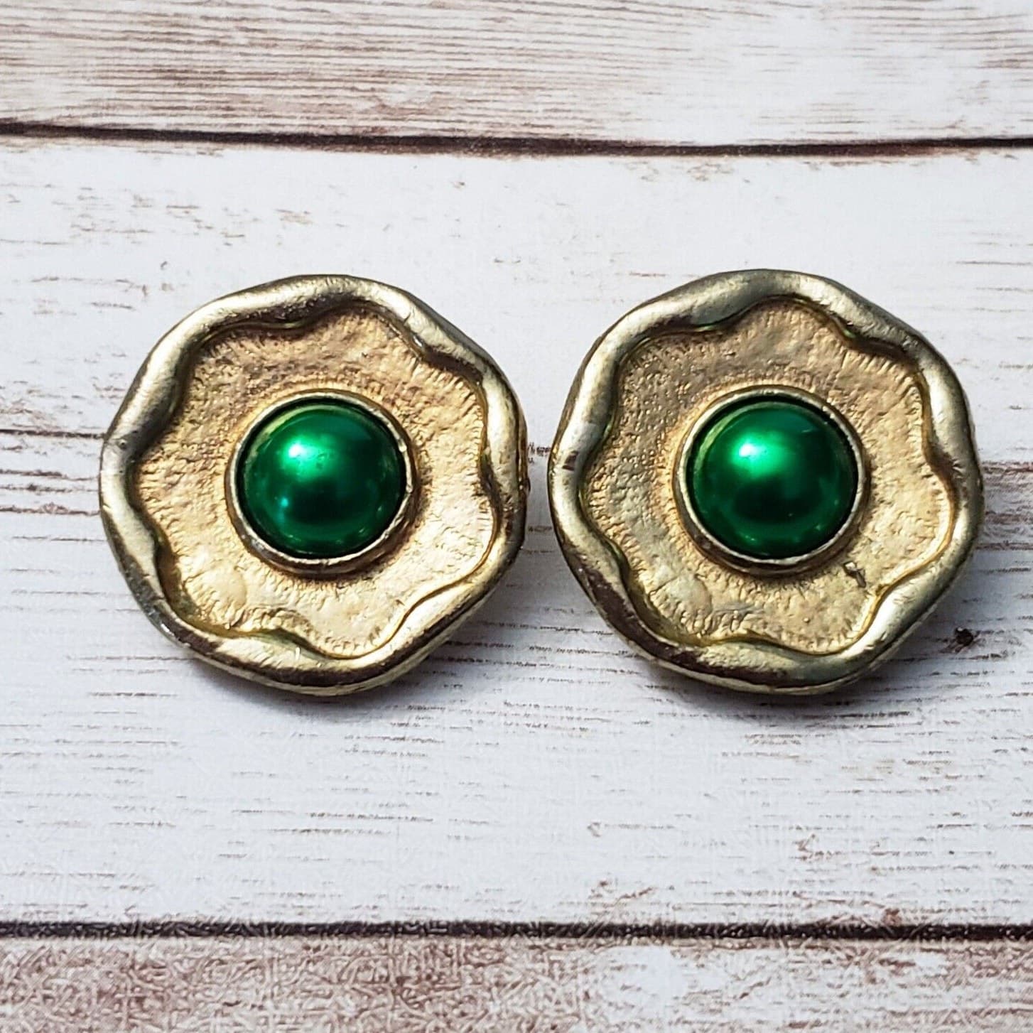 Vintage Clip On Earrings - Wavy Gold Tone Circle with Green Center