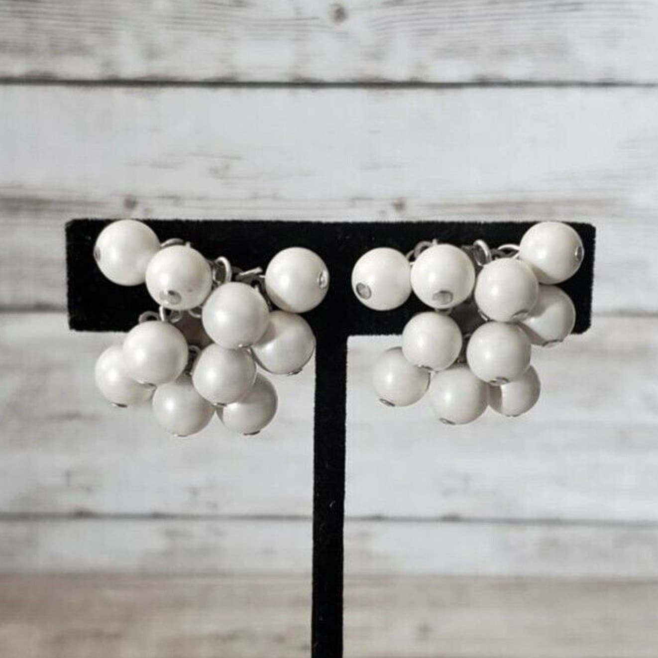 Vintage Clip On Earrings Stamped Japan White Beaded Dangle