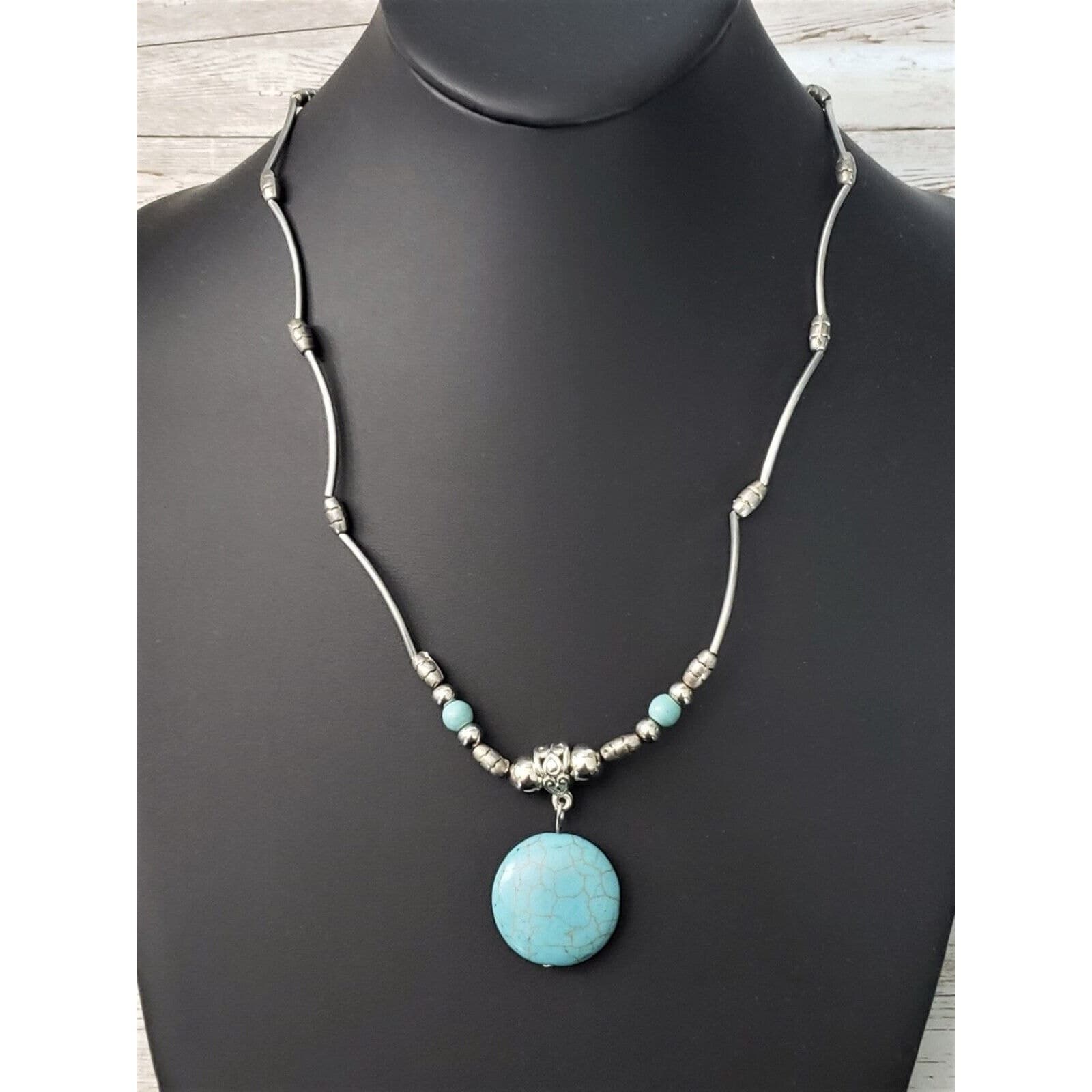 Vintage Necklace - Wavy Silver Tone with Turquoise Tone Pendant