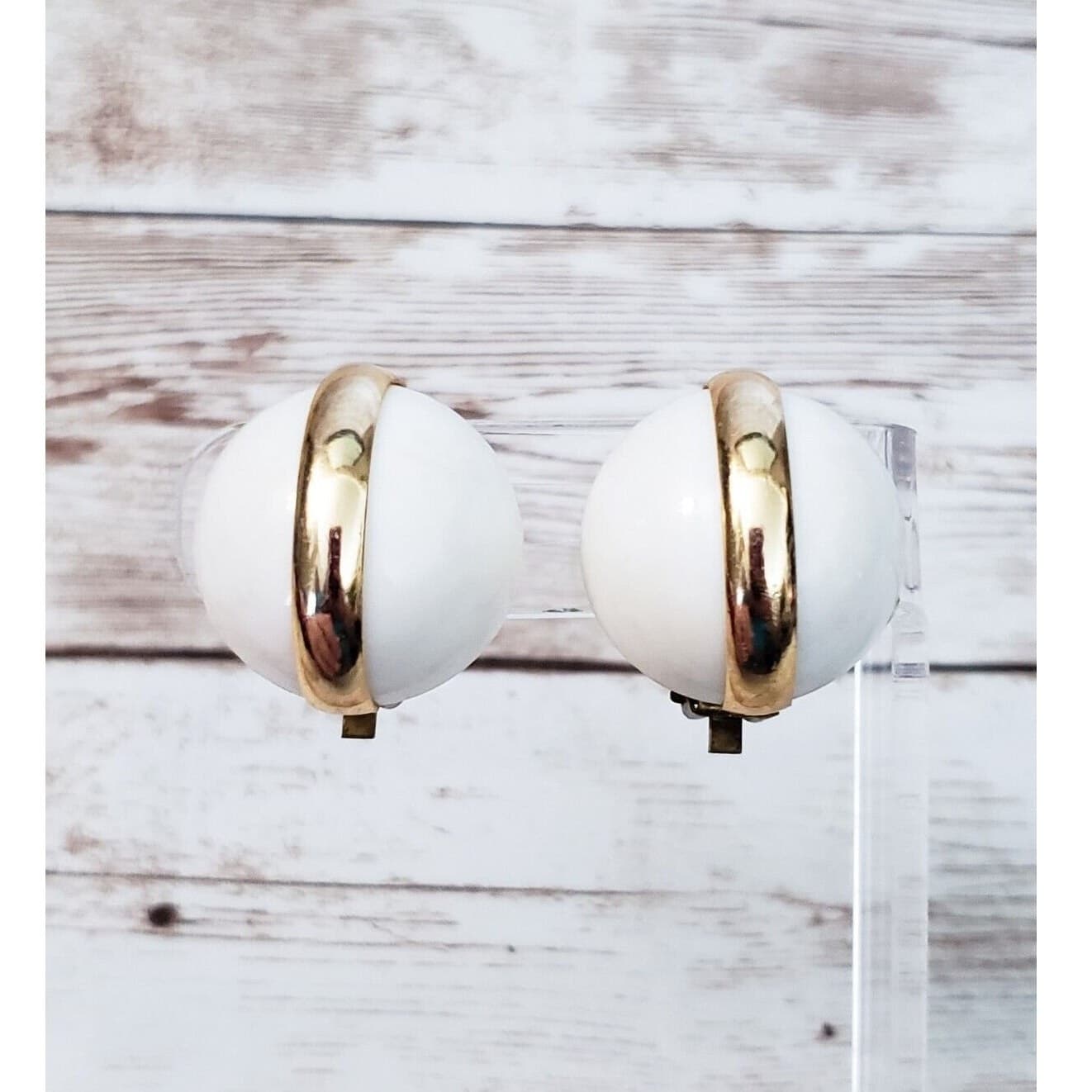 Vintage Clip On Earrings Domed Circle White with Gold Tone Line Retro