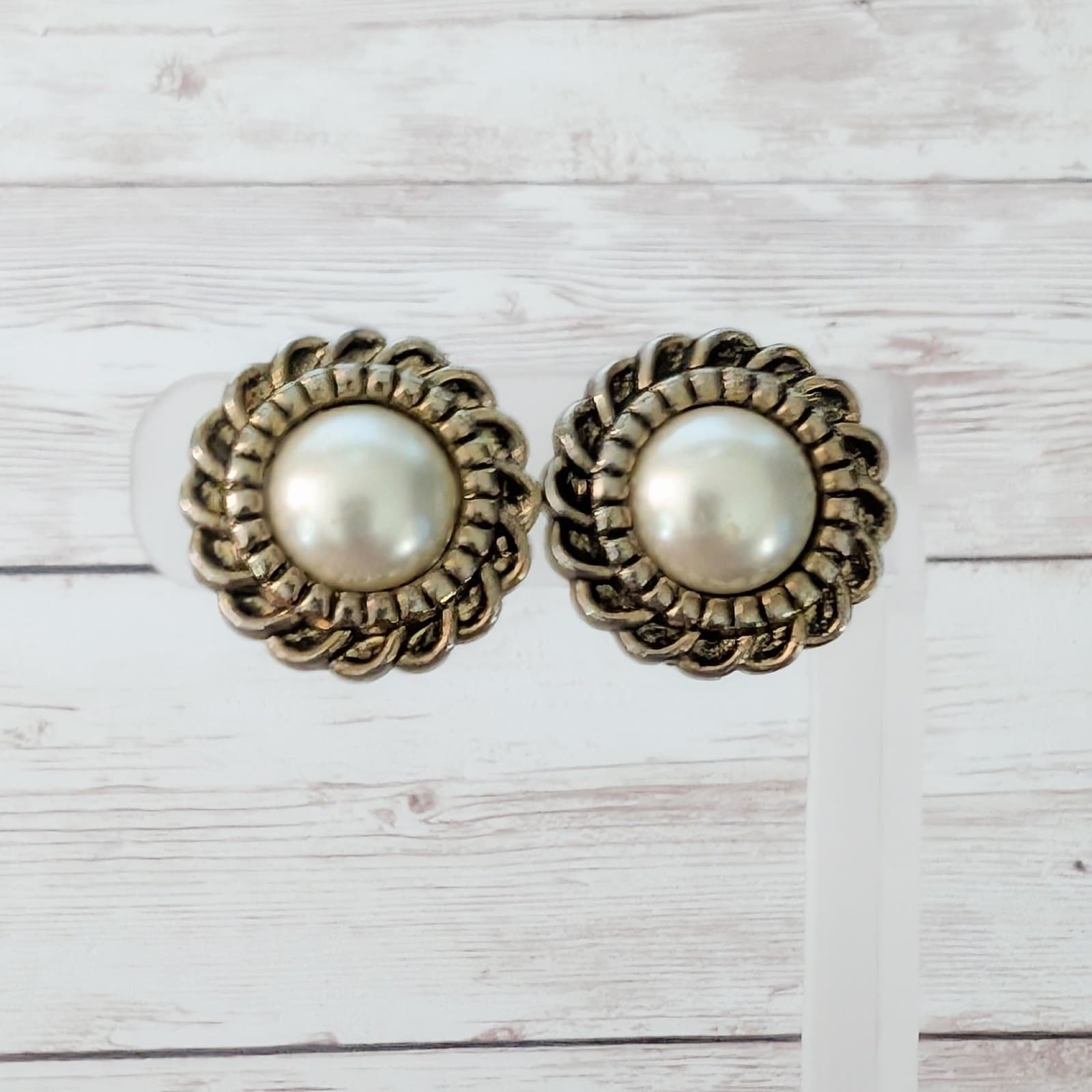 Vintage Clip On Earrings - Faux Pearl with Decorative Halo 1" Statement