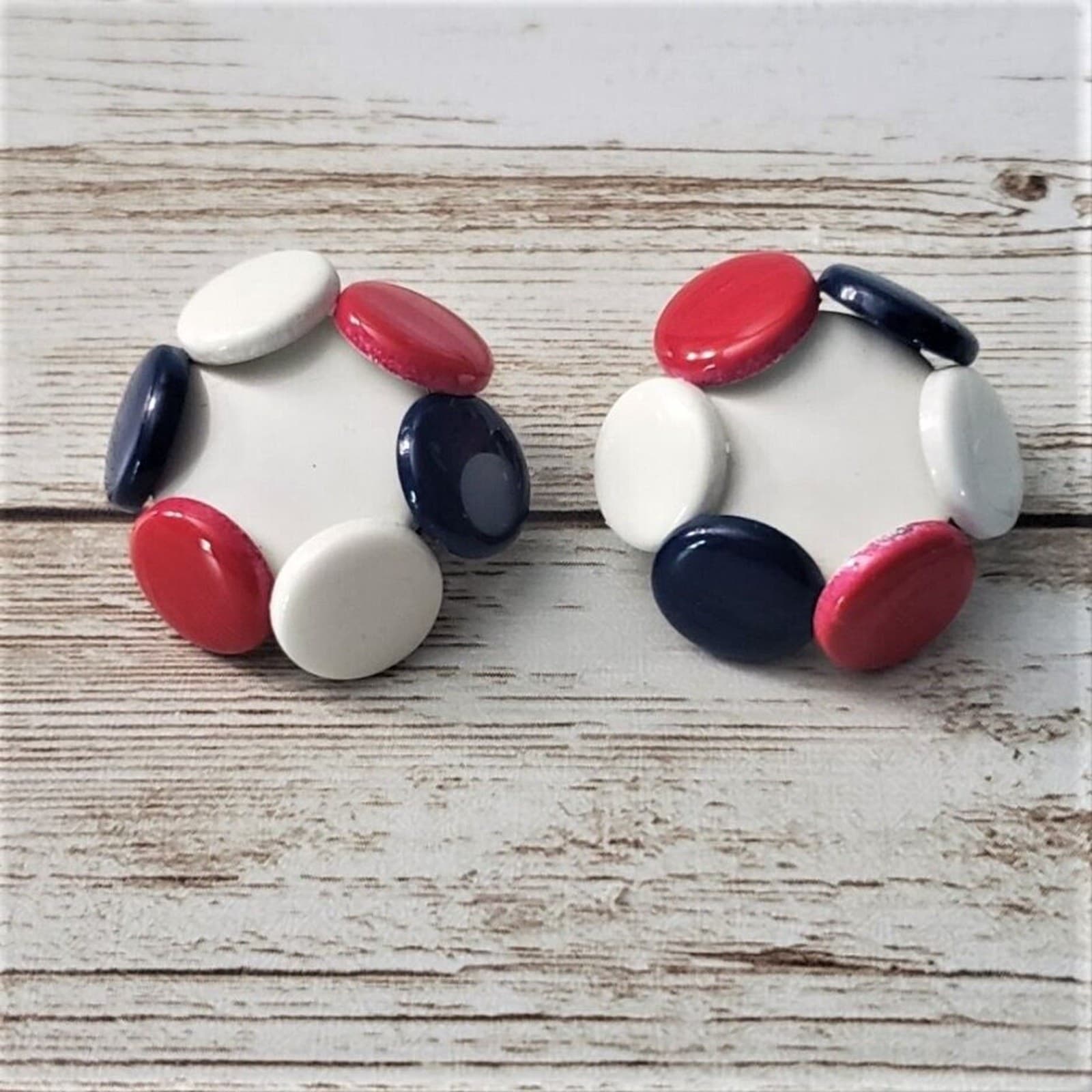 Vintage Clip On Earrings - Red, White, Blue Multi Circle Design