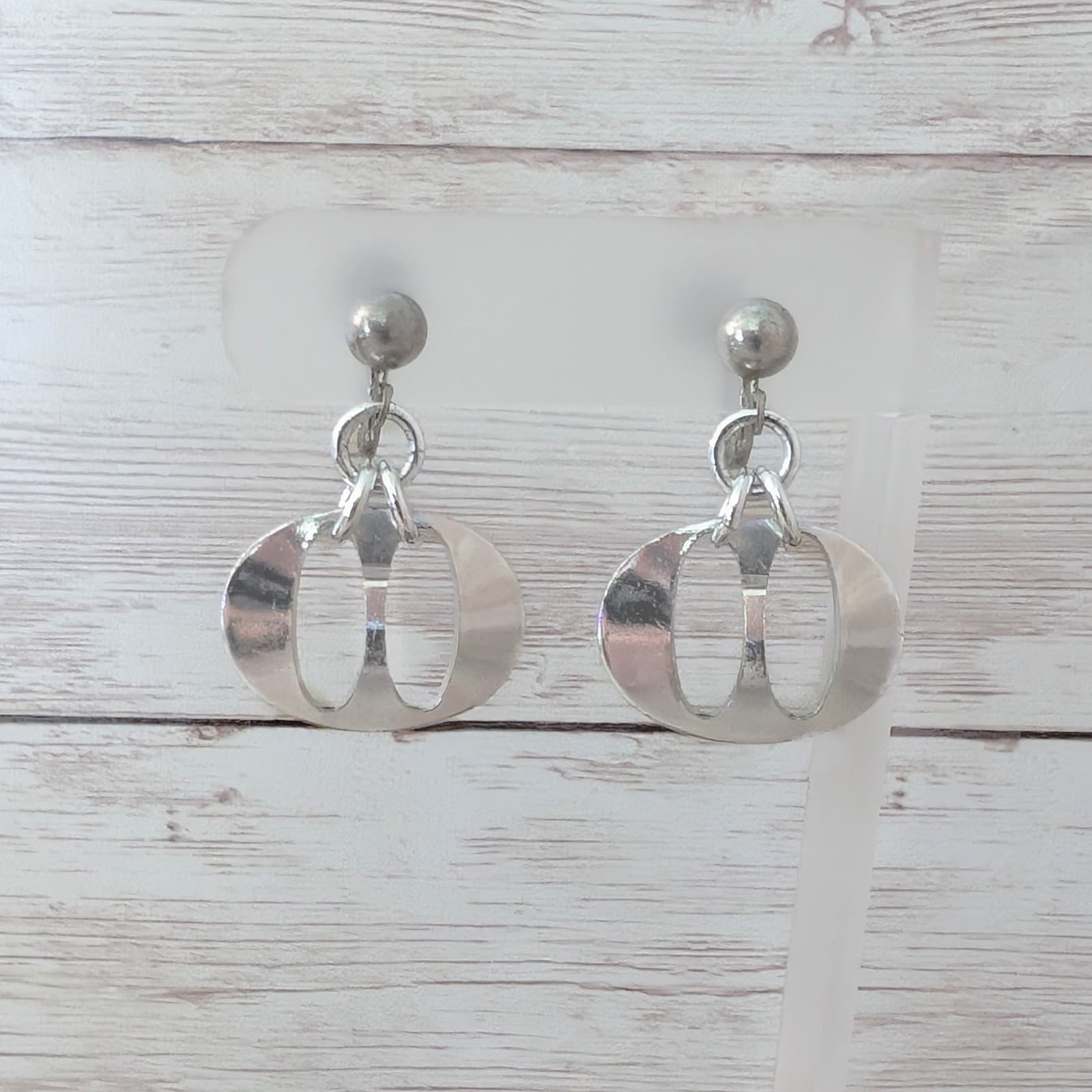 Vintage Clip On Earrings - Silver Tone Dual Oval Cut Out Dangle 1.25"