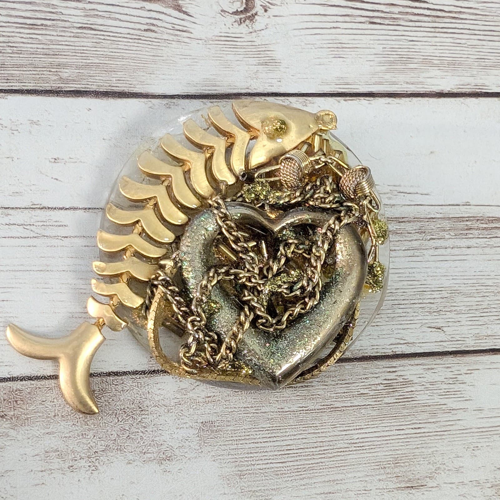 Vintage Brooch Very Large Statement Fish & Heart Design