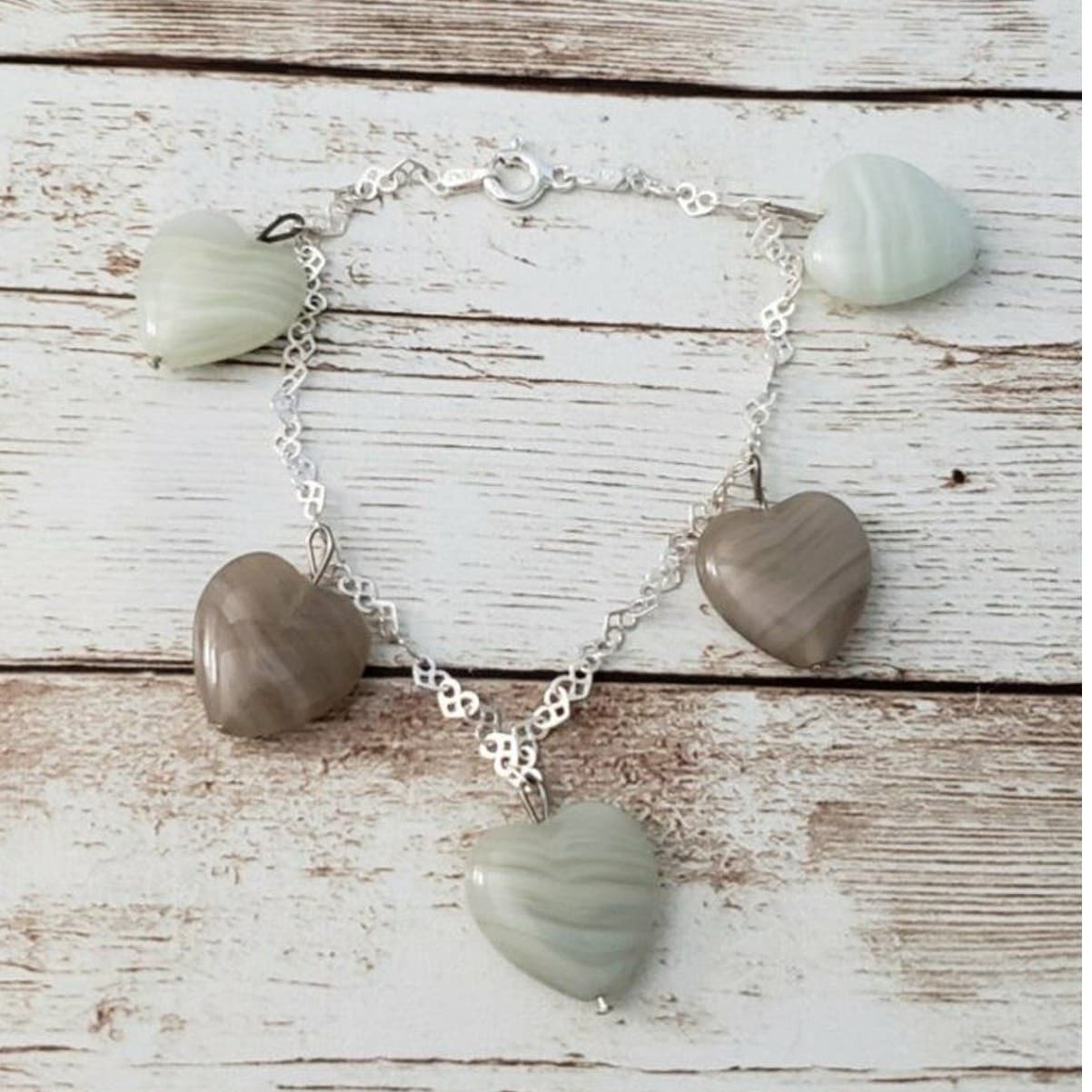 Shades of Green Glass Heart Charm Bracelet With Sterling Silver Chain