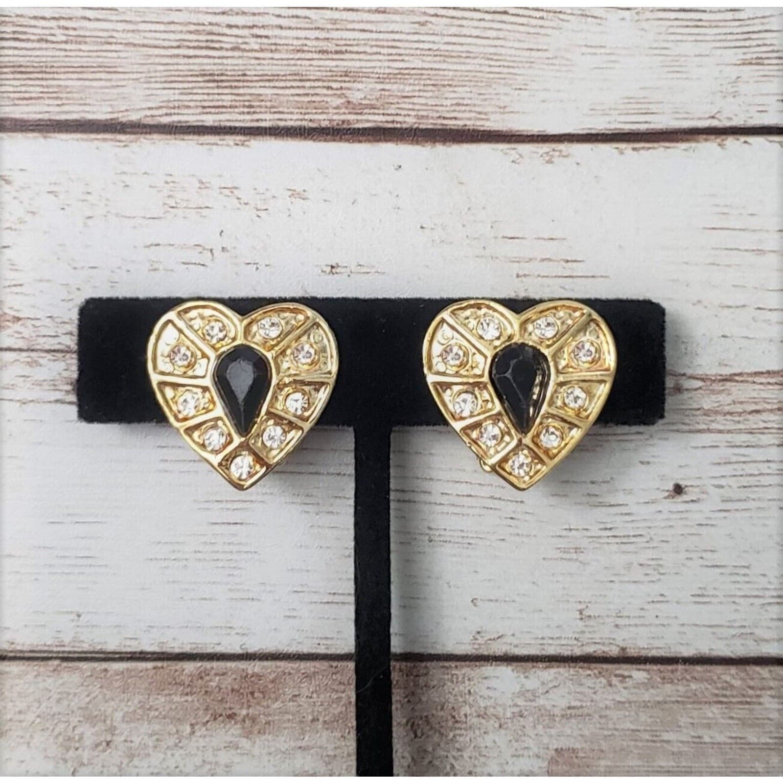 Vintage Clip On Earrings Gold Tone Heart with Black & Clear Gems 7/8"