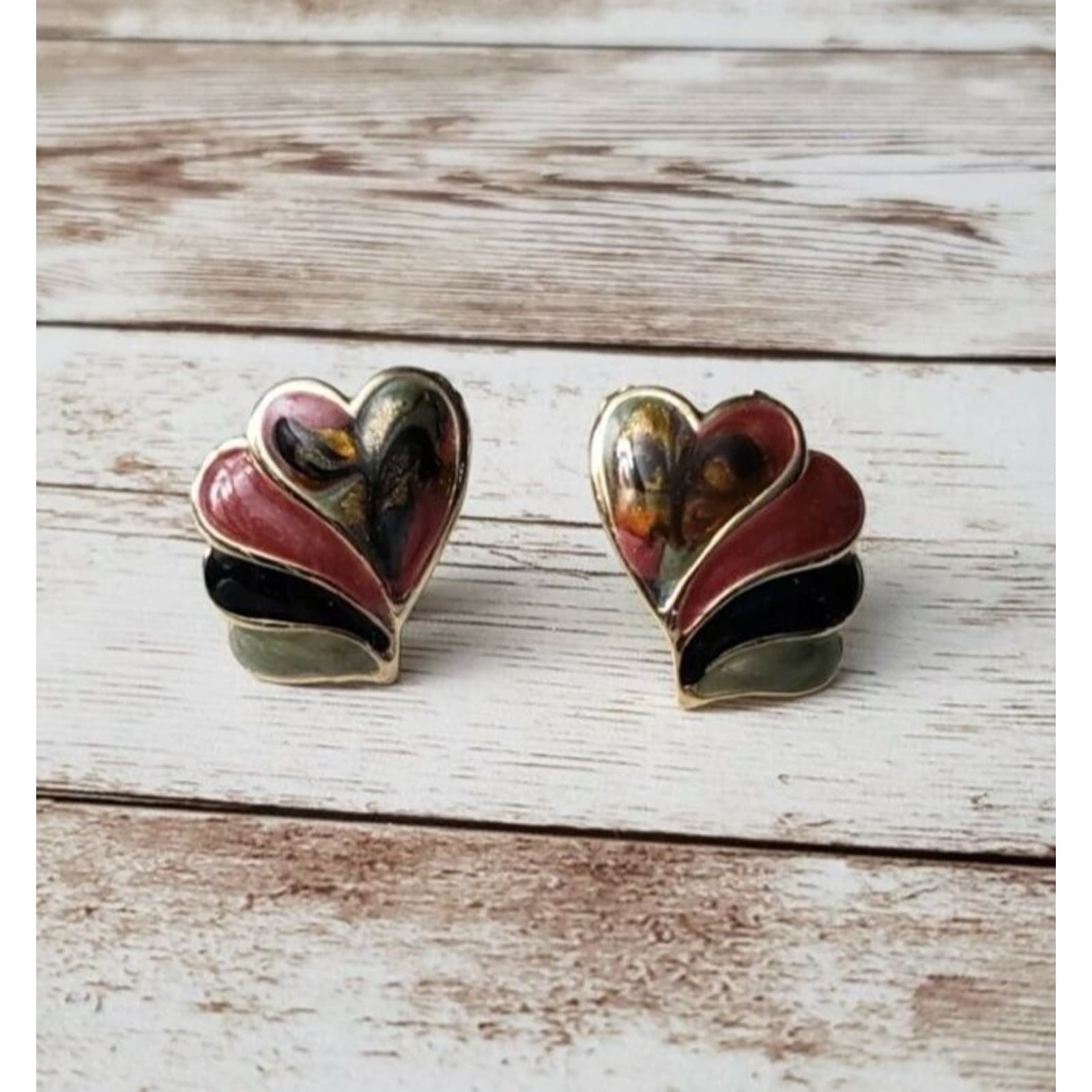 Vintage Clip On Earrings Layered Heart Multi Color Statement Earrings