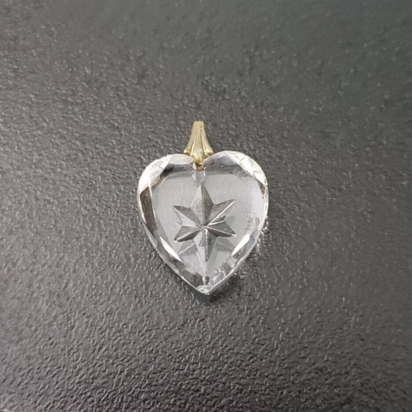 Vintage Pendant Clear Heart with Engraved Star - No Chain Included