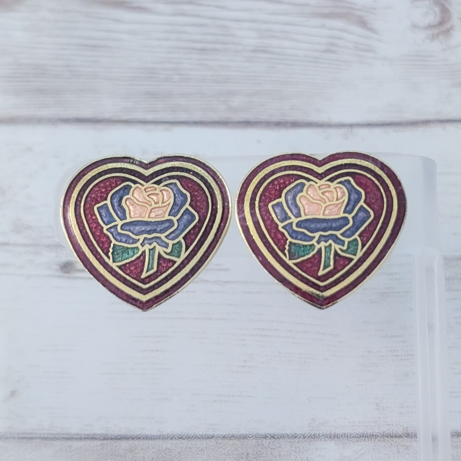 Vintage Clip On Earrings Large Cloisonné Heart with Flower 1" Statement