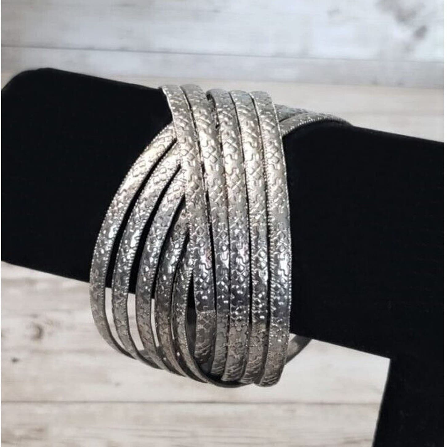 Vintage Bracelets / Bangles - Interlocking Patterned Silver Tone - Statement