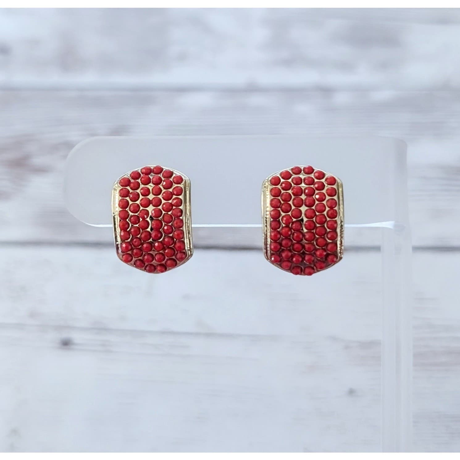 Vintage Clip On Earrings Red & Gold Tone Curved 0.75"