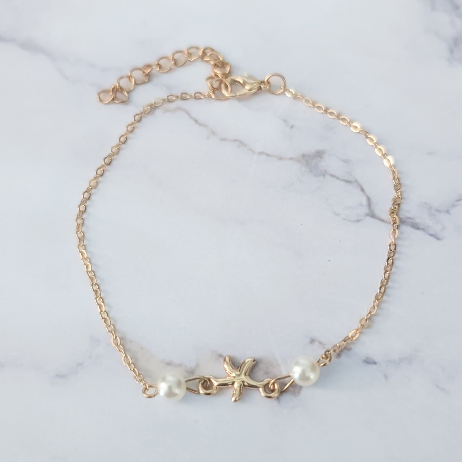 Bracelet / Anklet - Gold Tone & Faux Pearl Seaside Beach Theme
