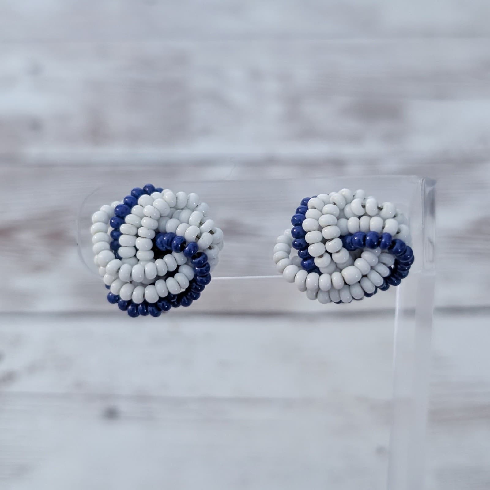 Vintage Clip On Earrings Beaded Wrap White & Blue