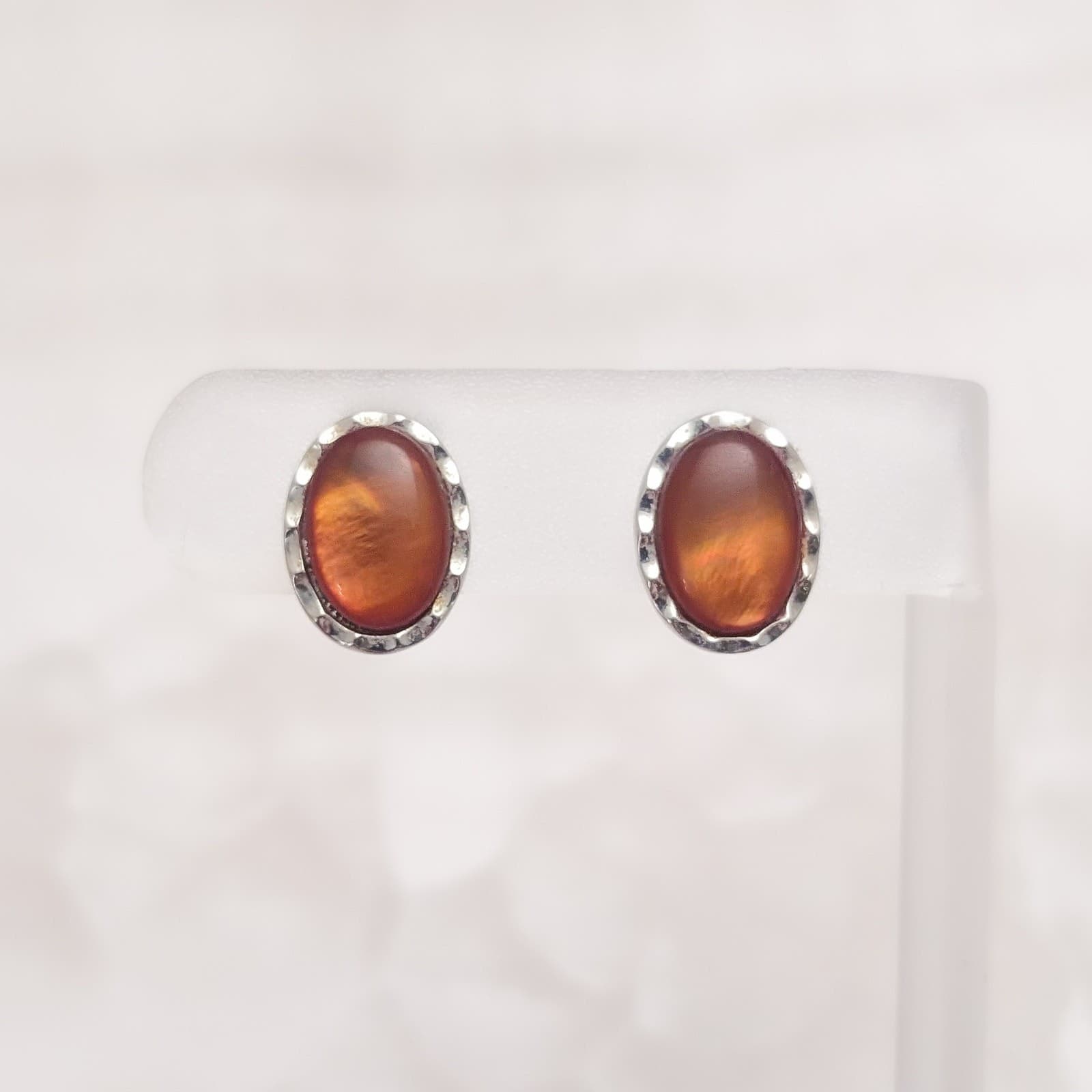 Vintage Clip On Earrings Dark Orange/Amber Tone Oval with Silver Tone Halo