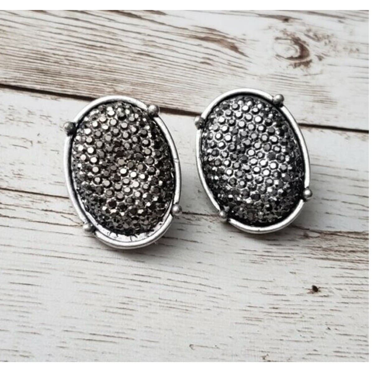 Vintage Clip On Earrings - Patterned Like Chainmail Silver Tone Oval 1 & 1/8"