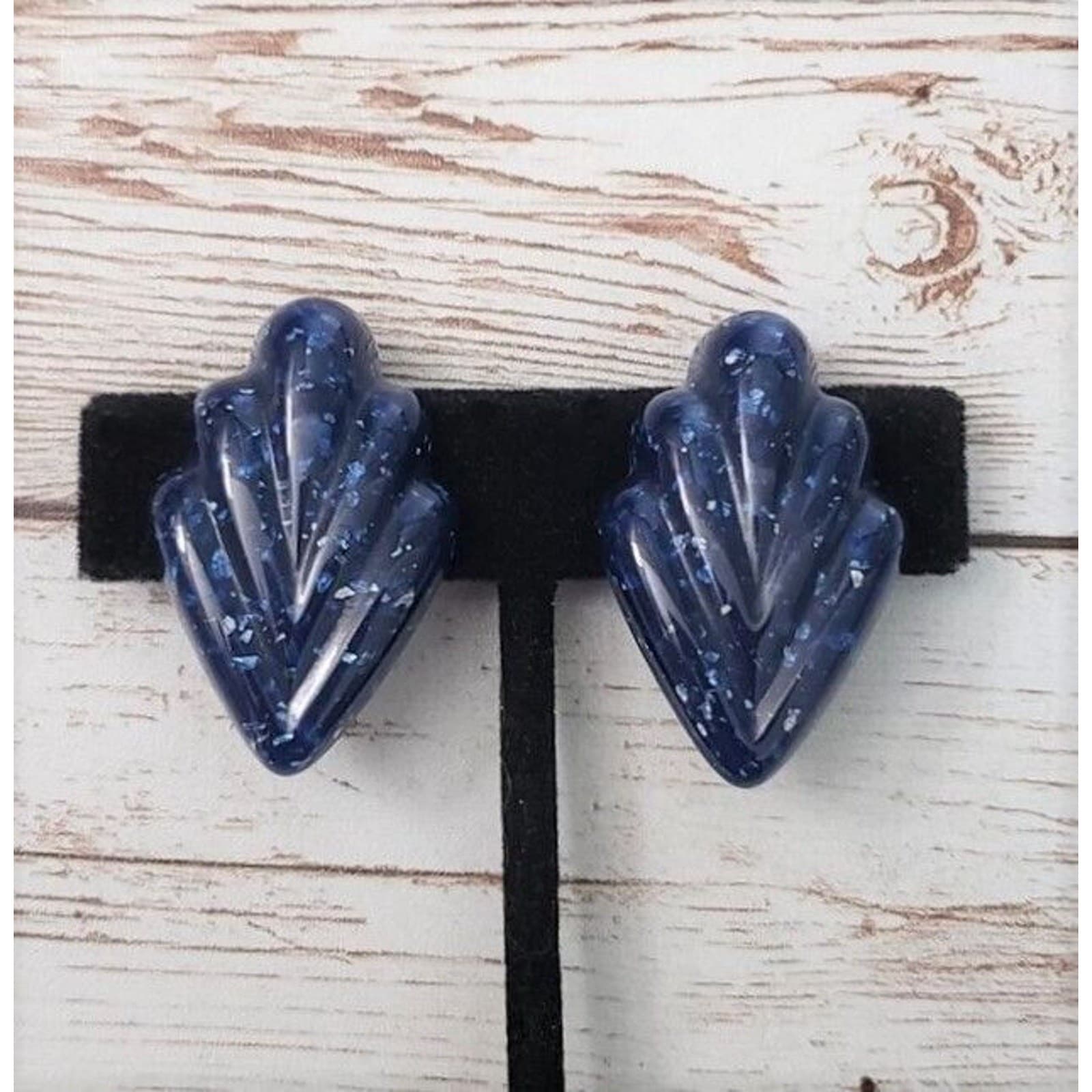 Vintage Clip On Earrings - Unusual Dark Blue Flourish - 1 & 3/8"