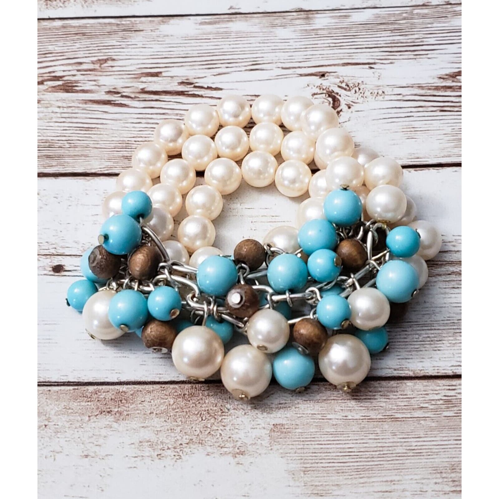 Vintage Bracelet / Bangle - Faux Pearl and Blue & Brown Tones