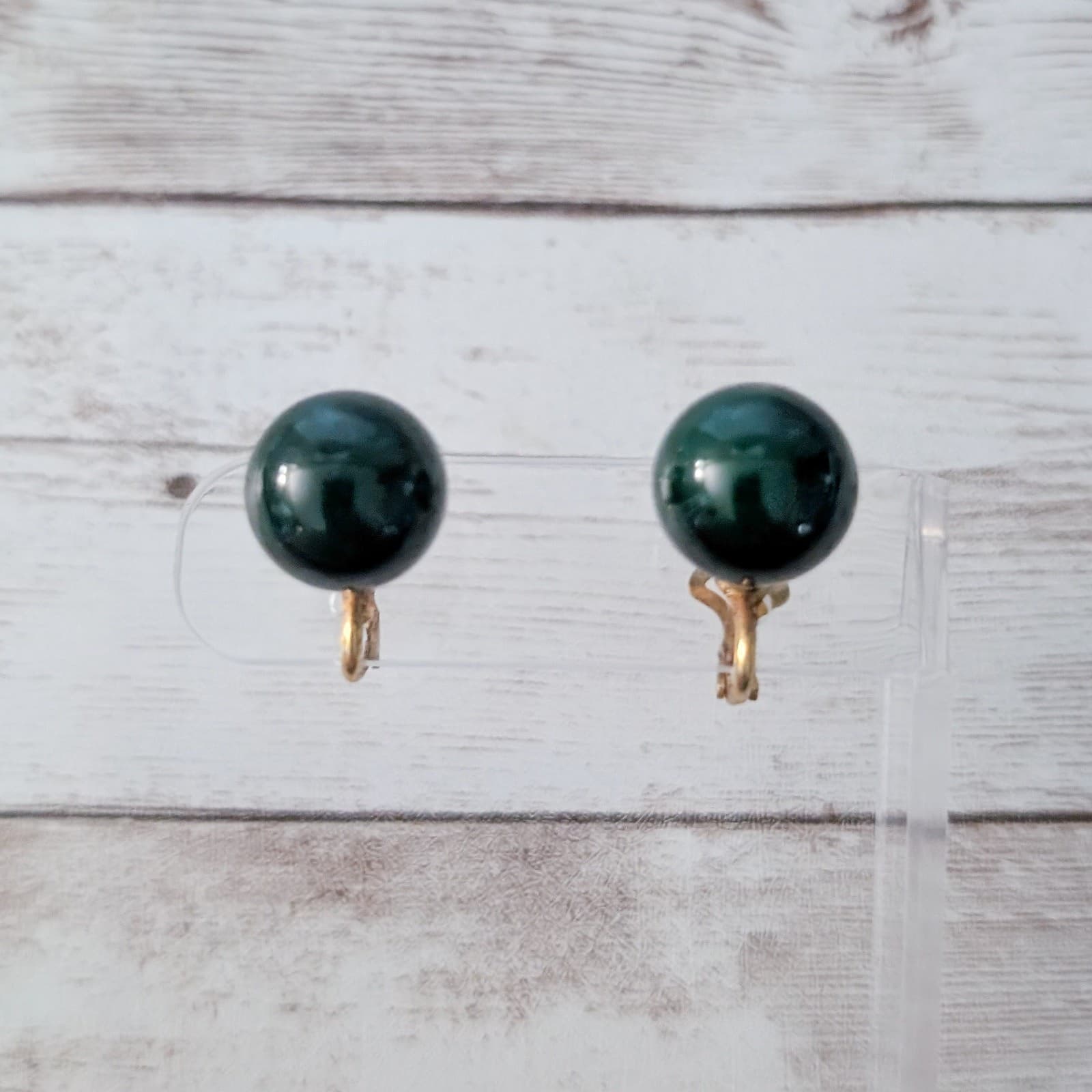 Vintage Clip On Earrings 3D Retro Dark Green Ball
