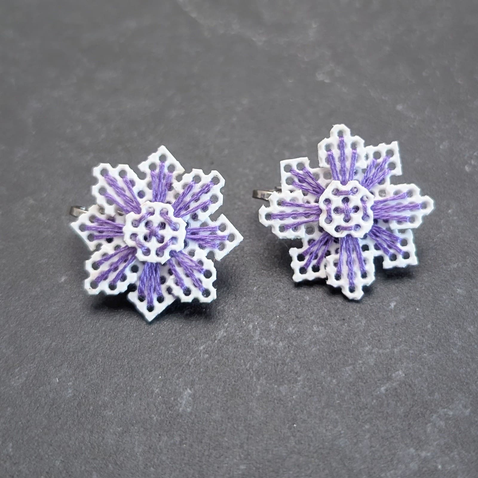 Vintage Clip On Earrings White & Purple 1" Plastic Canvas Embroidered Snowflake
