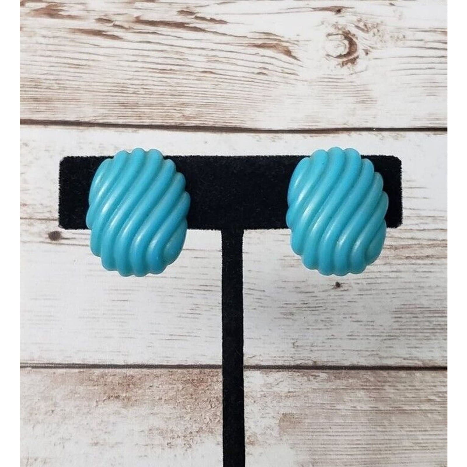 Vintage Clip On Earrings Bright Blue Oval Shape with Wavy Lines