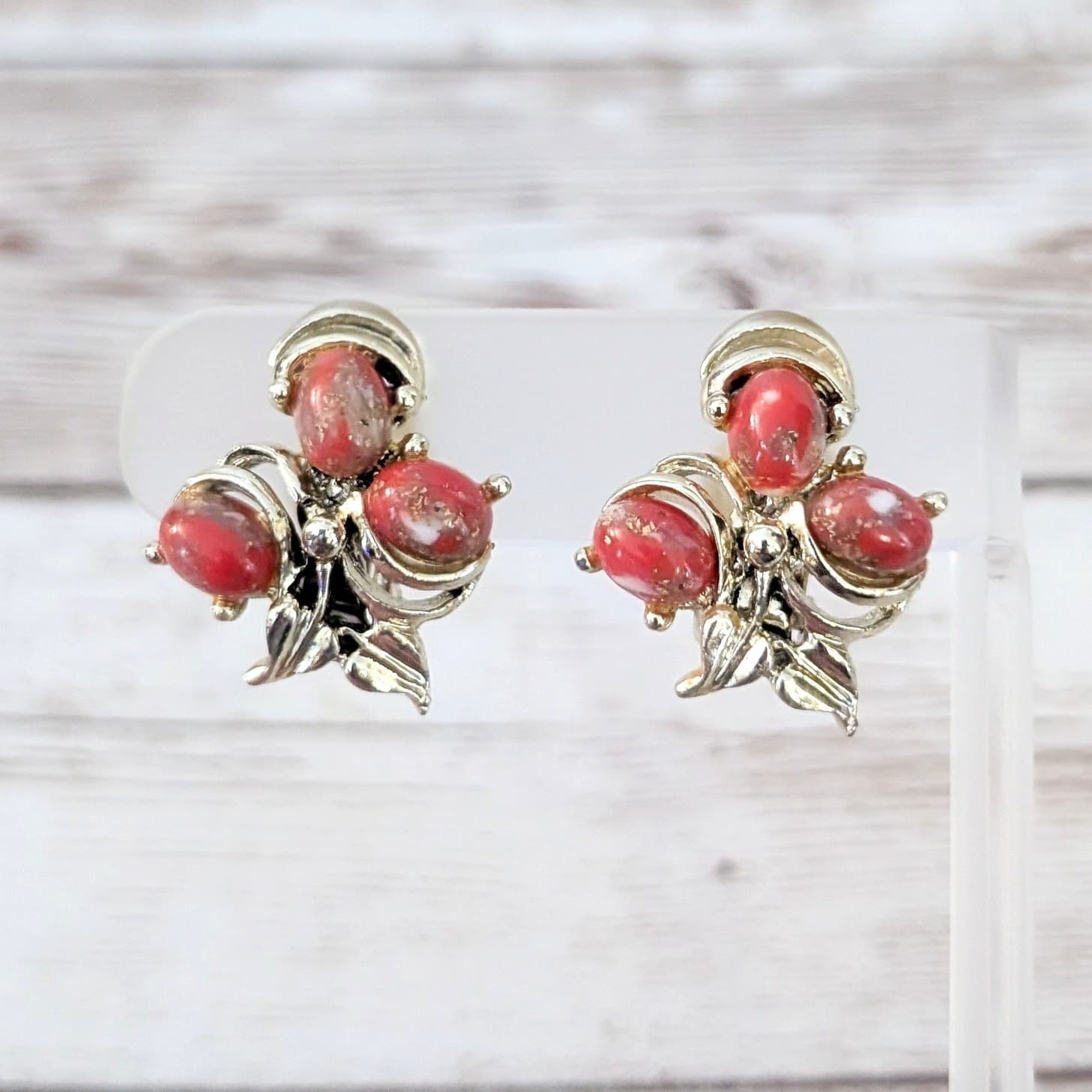 Vintage Clip On Earrings Unusual Gold Tone with Orange Tones