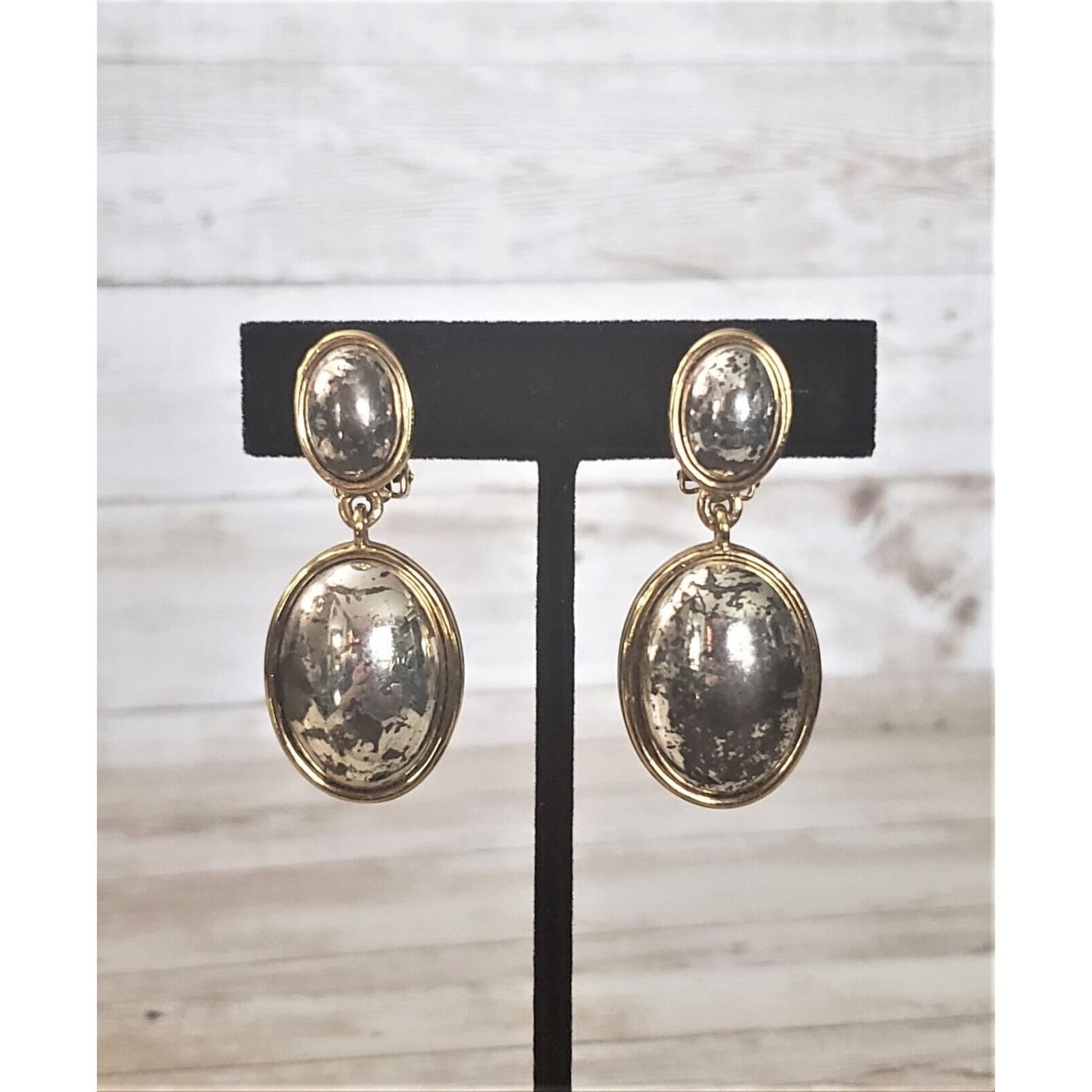 Vintage Clip On Earrings Statement Dangle Gold Tone with Spotted Silver Tone