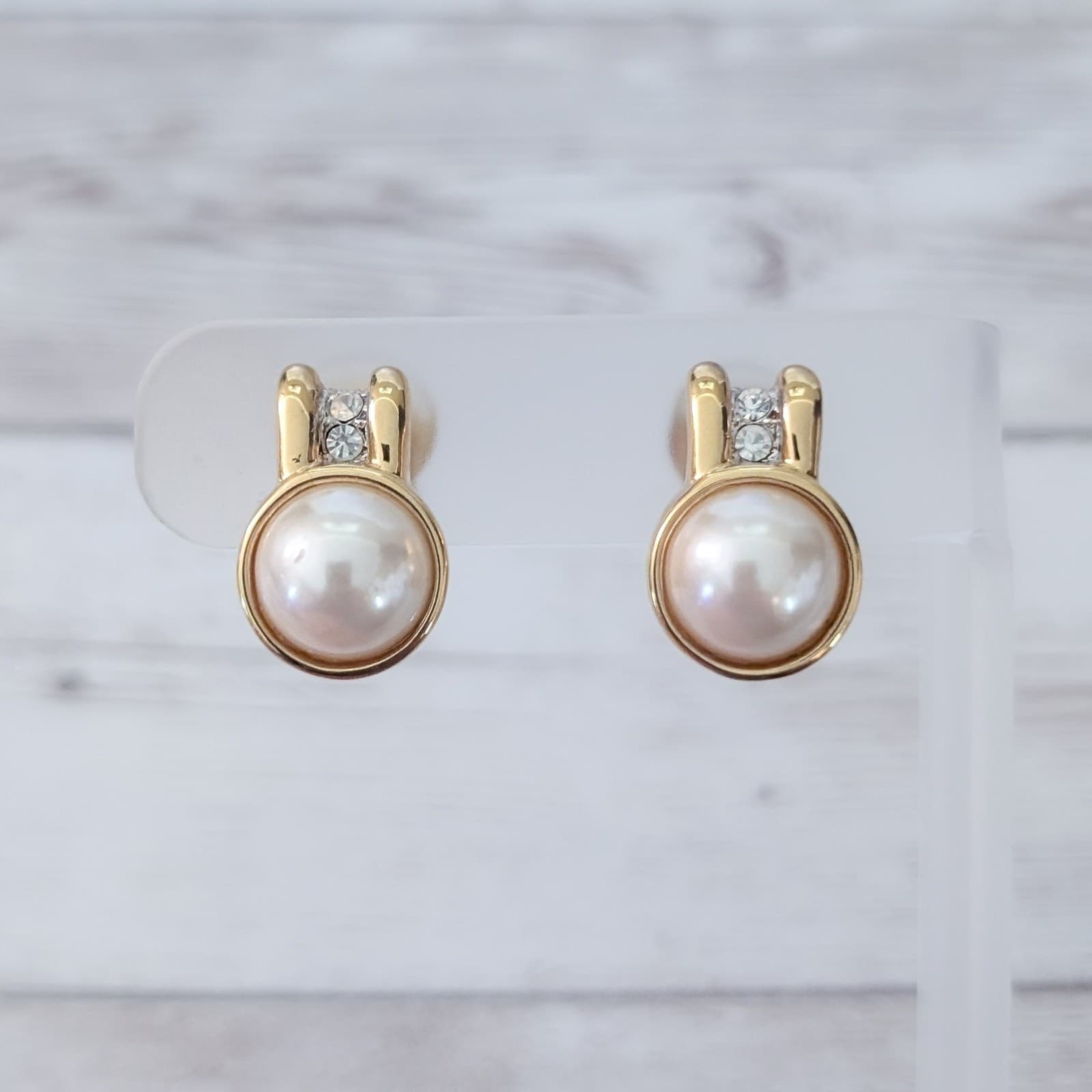 Vintage Clip On Earrings Statement Gold Tone, Faux Pearl, Clear Gem Regal Retro