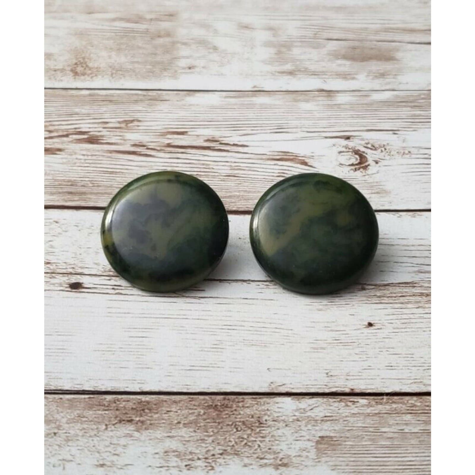 Vintage Clip On Earrings Shades of Dark Green Circle Just Under 1.25"