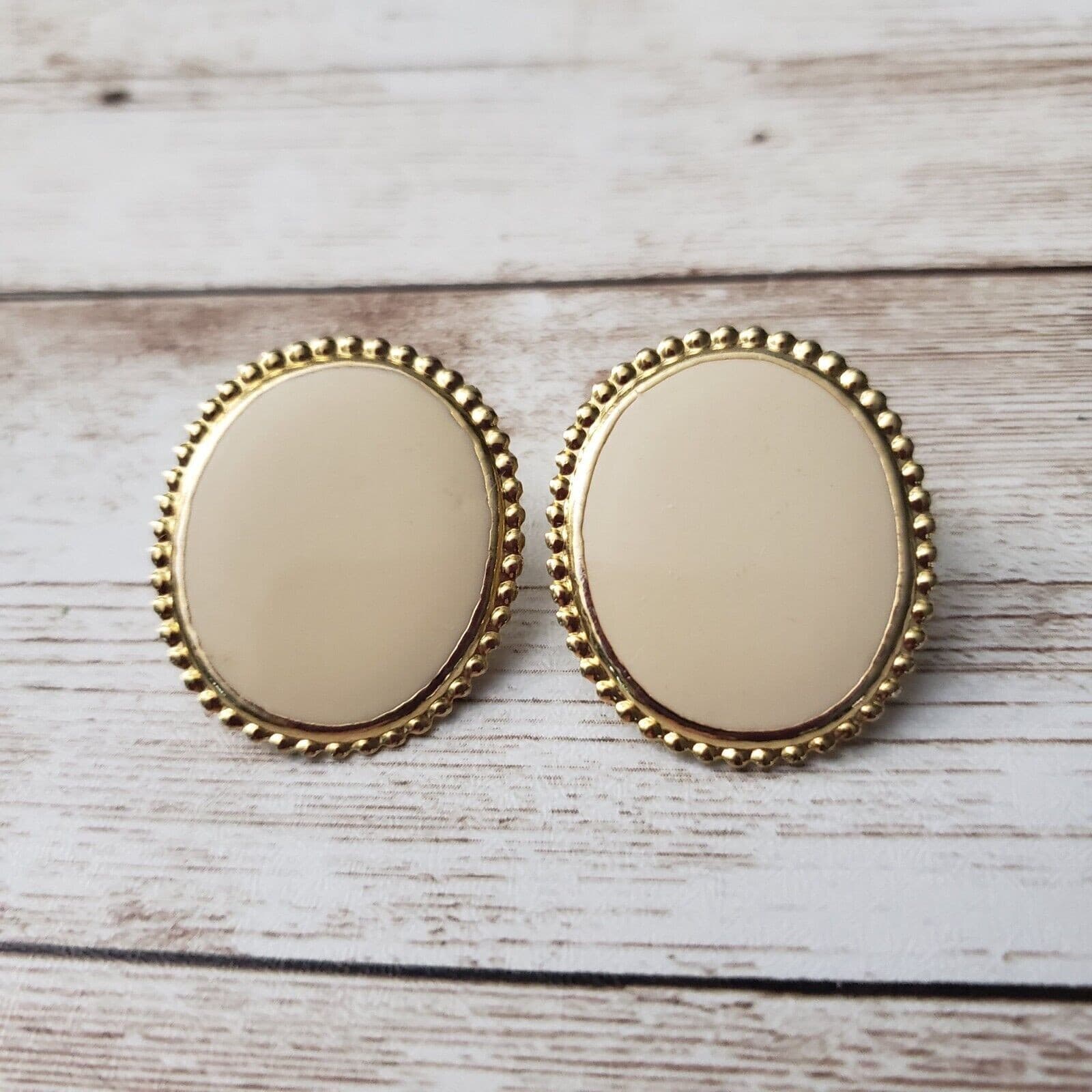 Vintage Clip On Earrings Elegant Cream Oval with Gold Tone Halo
