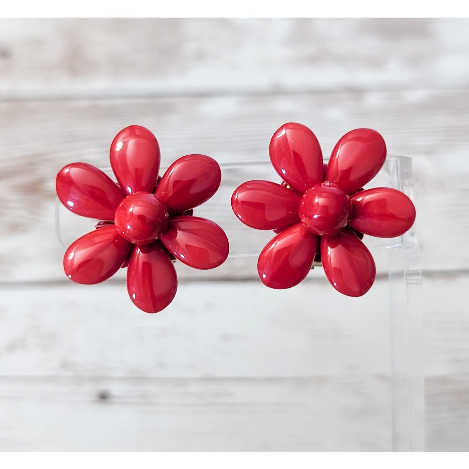 Vintage Clip On Earrings Red Flower 1 & 1/8" Statement