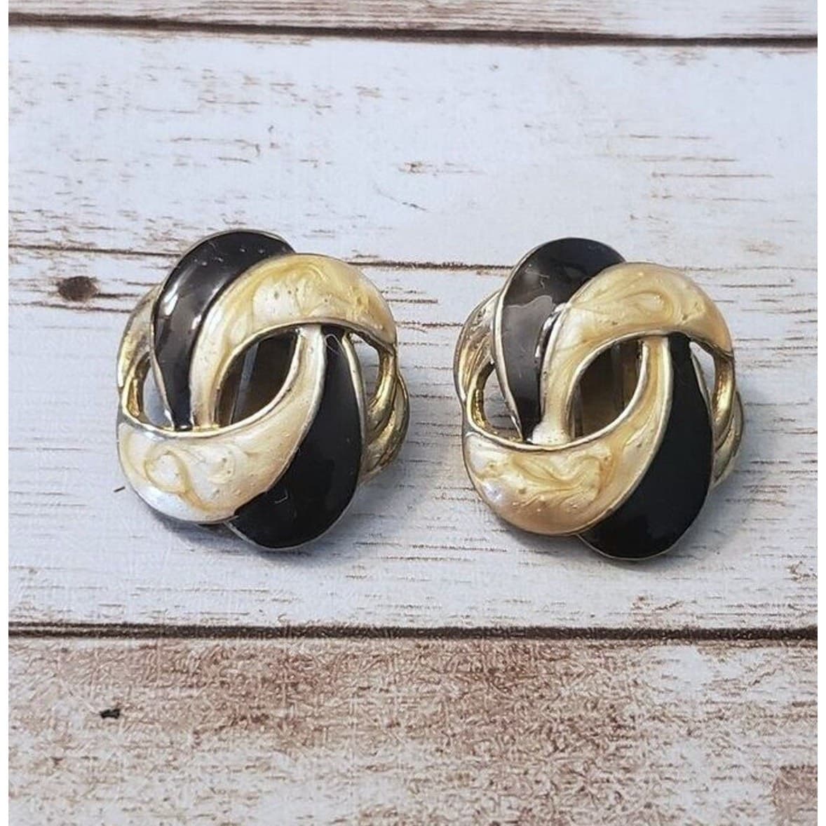Vintage Clip On Earrings Statement Yellowy Cream & Black Tone Enamel