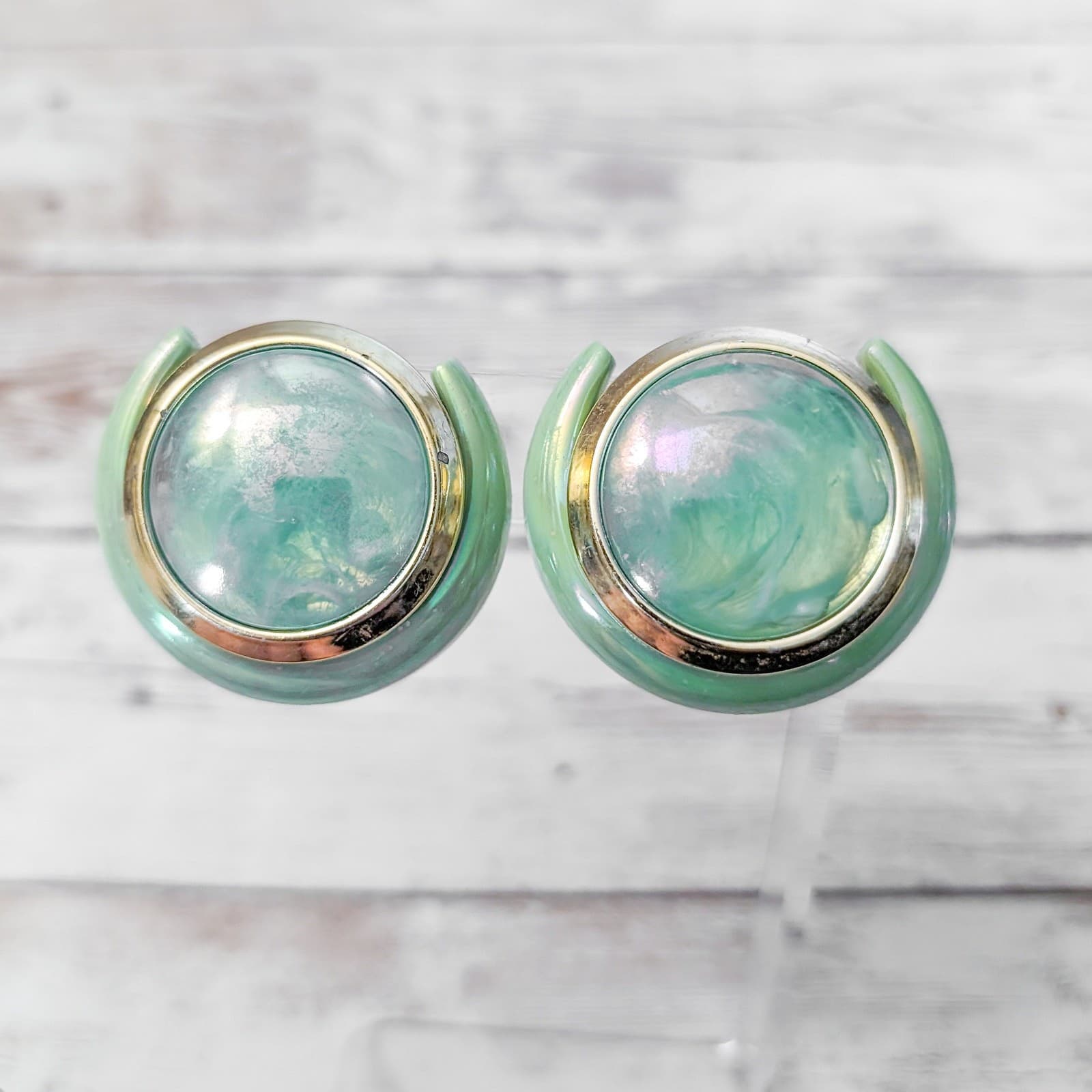 Vintage Clip On Earrings Light Green & Gold Tone Extra Large Statement