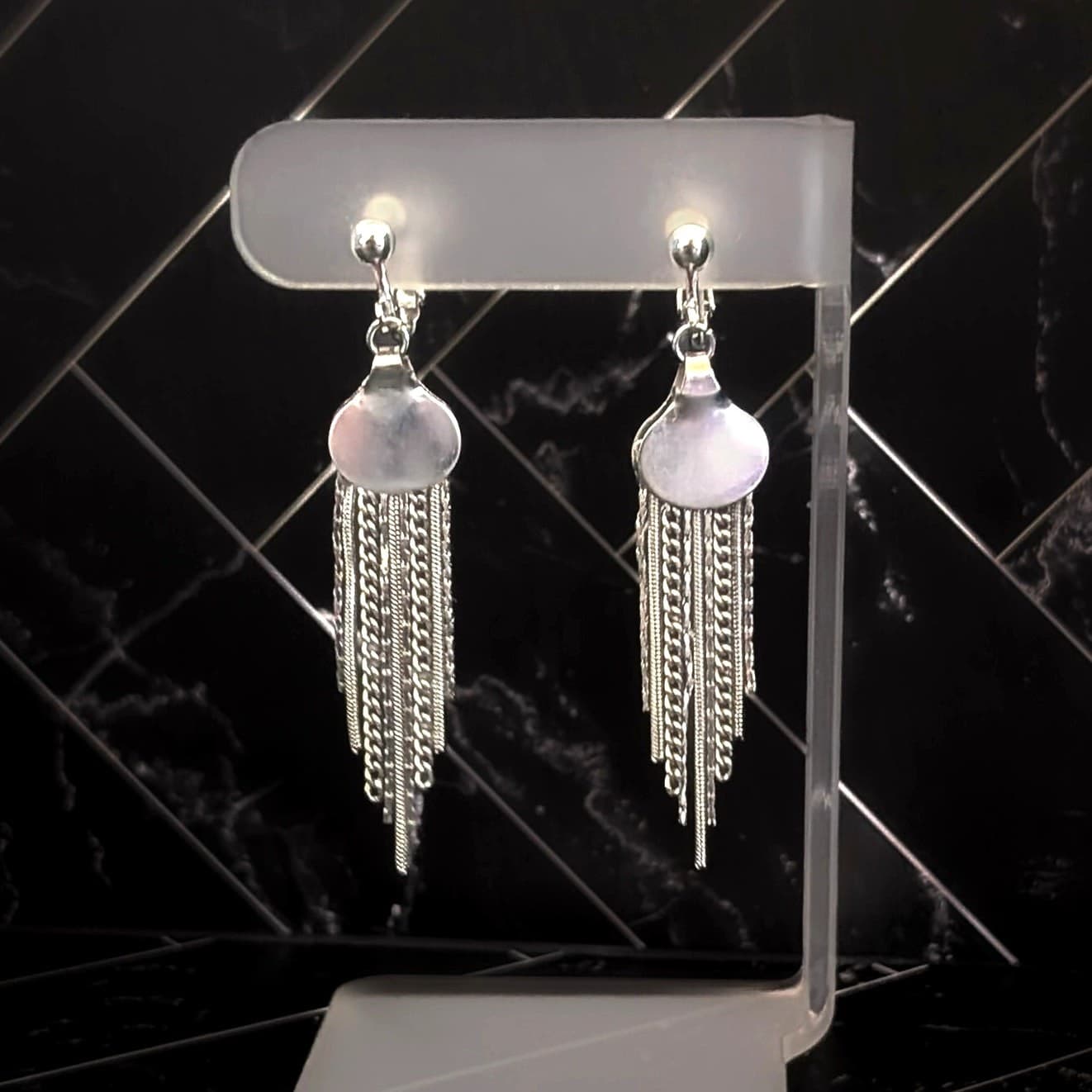 Vintage Clip On Earrings Stunning Silver Tone Dangle Statement Long Stylish
