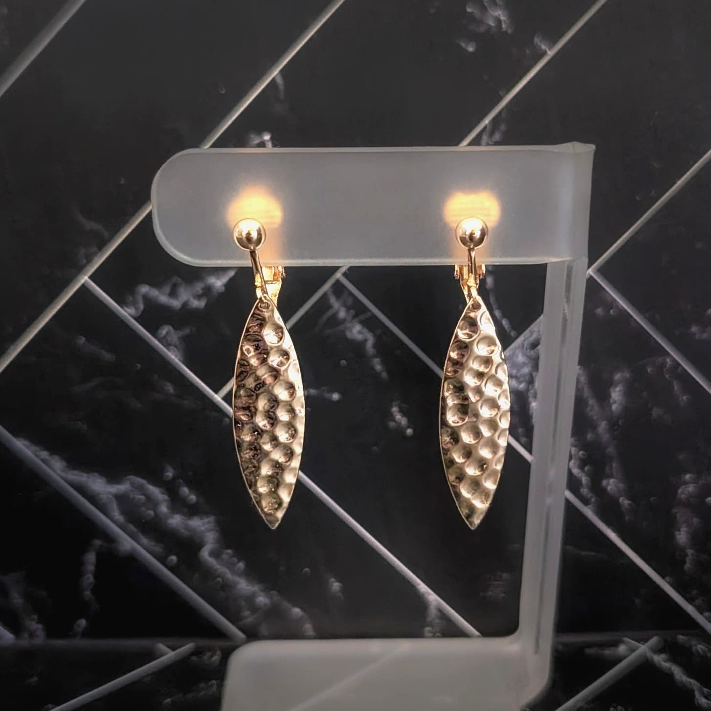 Vintage Clip On Earrings 1.75" Hammered Pattern Gold Tone Dangle Glam