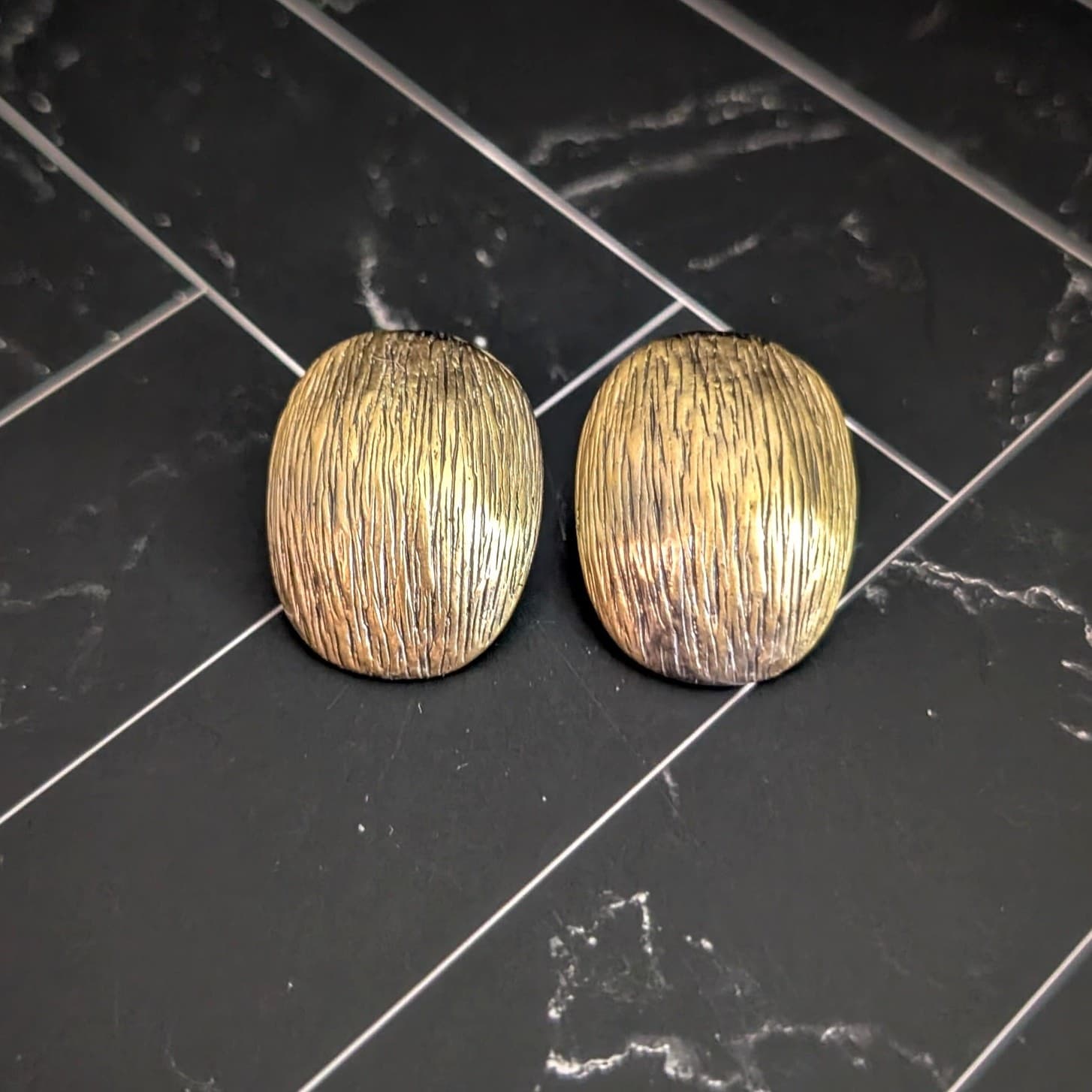 Vintage Stud Earrings Large Antique Gold Tone with Brushed Line Design Statement